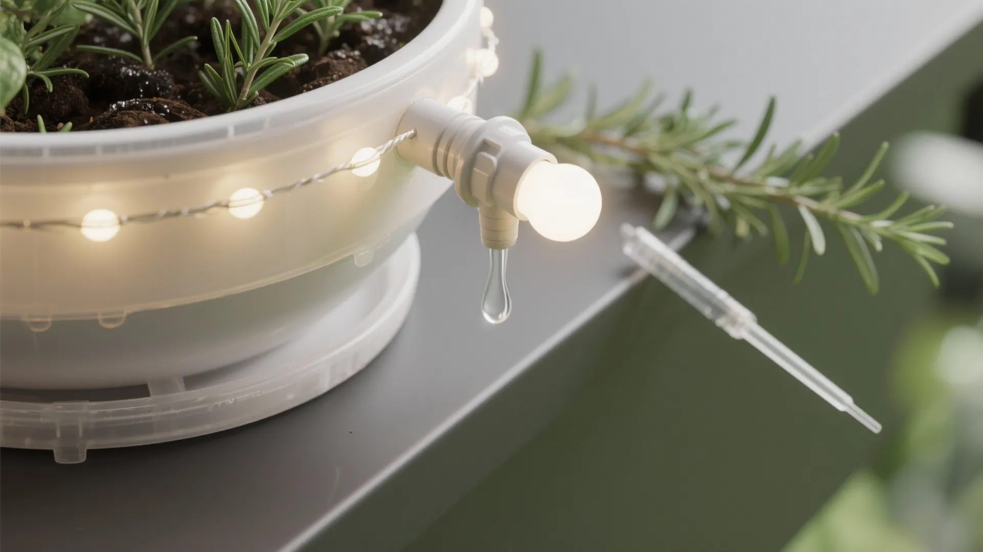 Macro details of a resin planter, drip emitter, warm string light, rosemary, and a moisture probe tip.