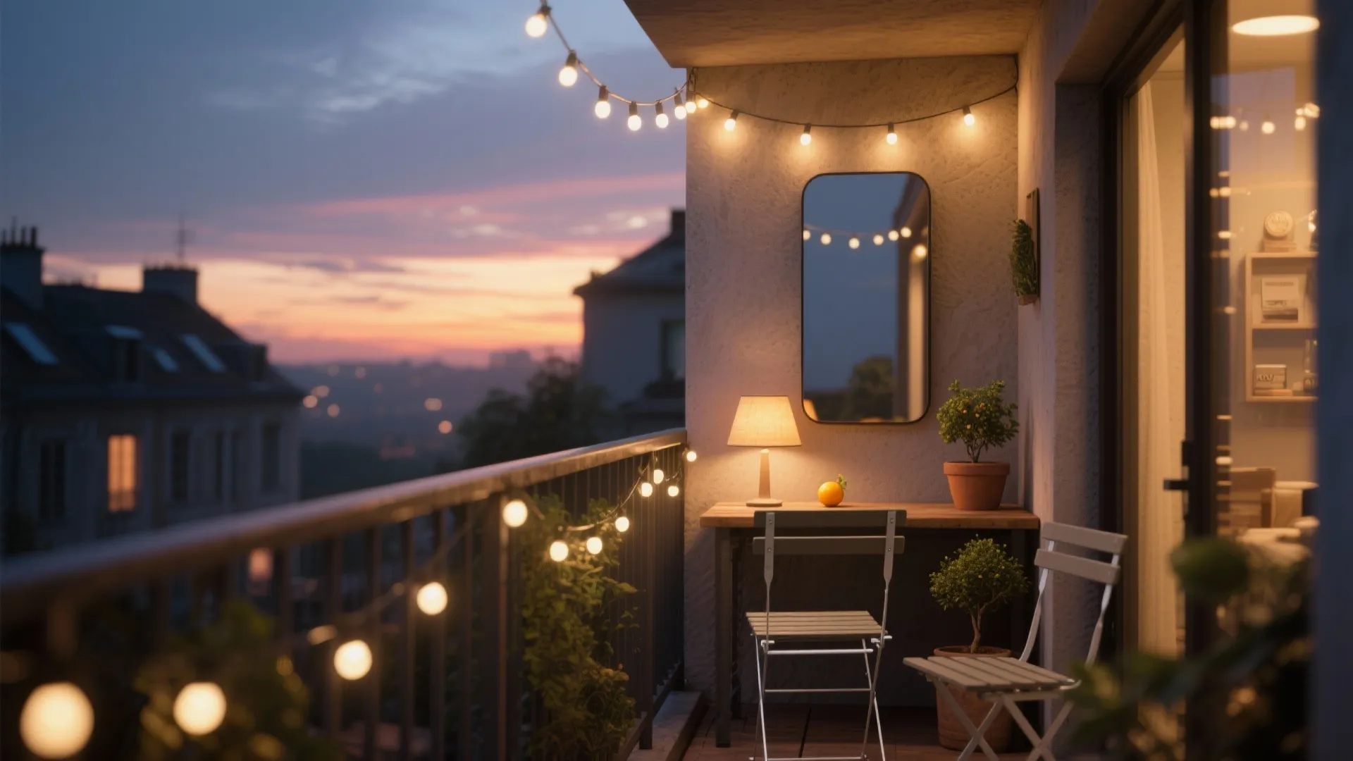 Cozy balcony at sunset with string lights small table chairs a mirror and city views