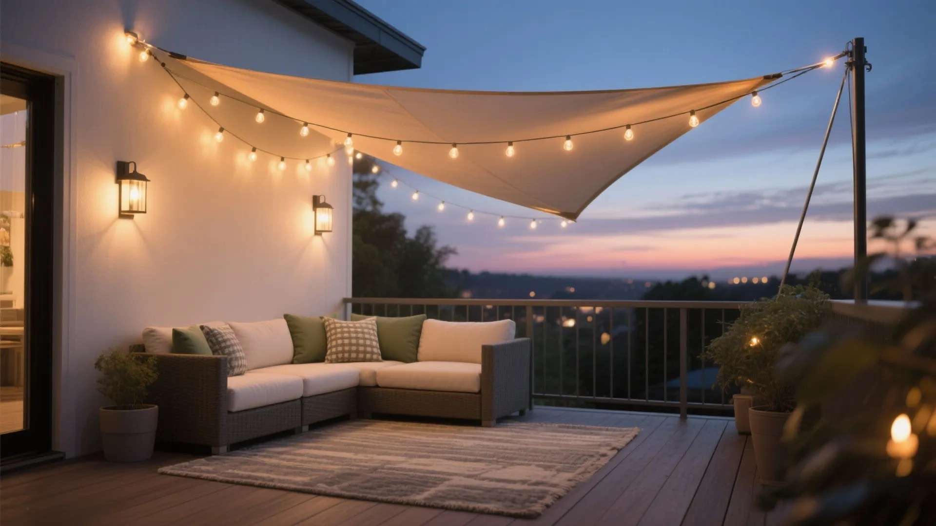 Lighting, textiles, and micro-shade for evening comfort