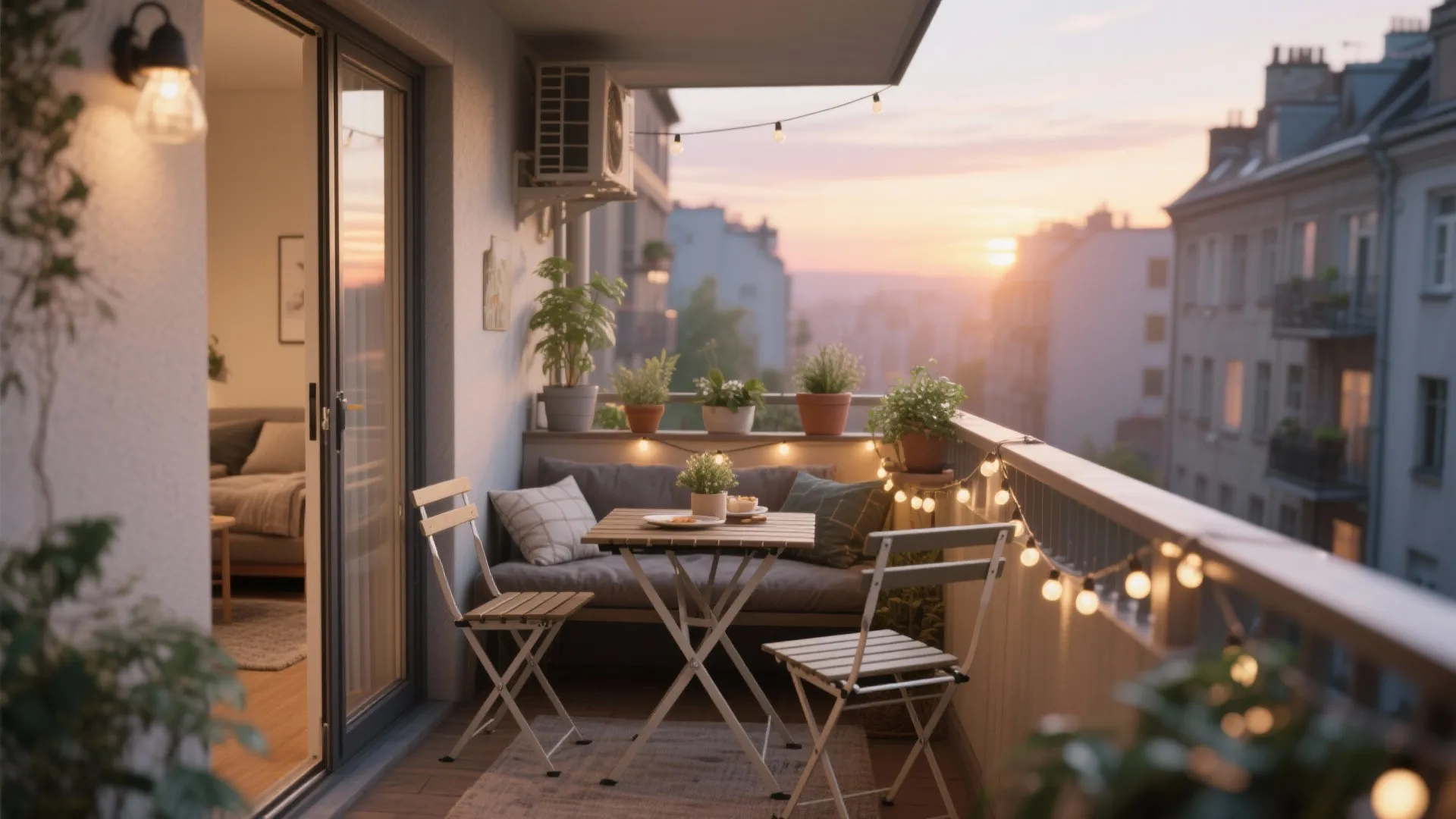 Cozy balcony at sunset with wooden table chairs string lights potted plants and a small sofa