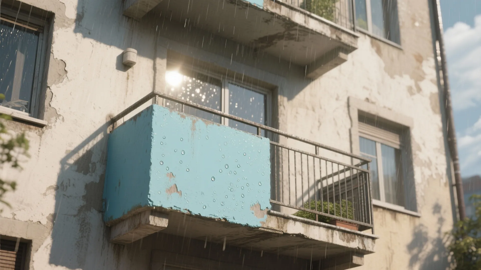 Old apartment building exterior with blue balcony showing peeling paint under rain and bright sunlight