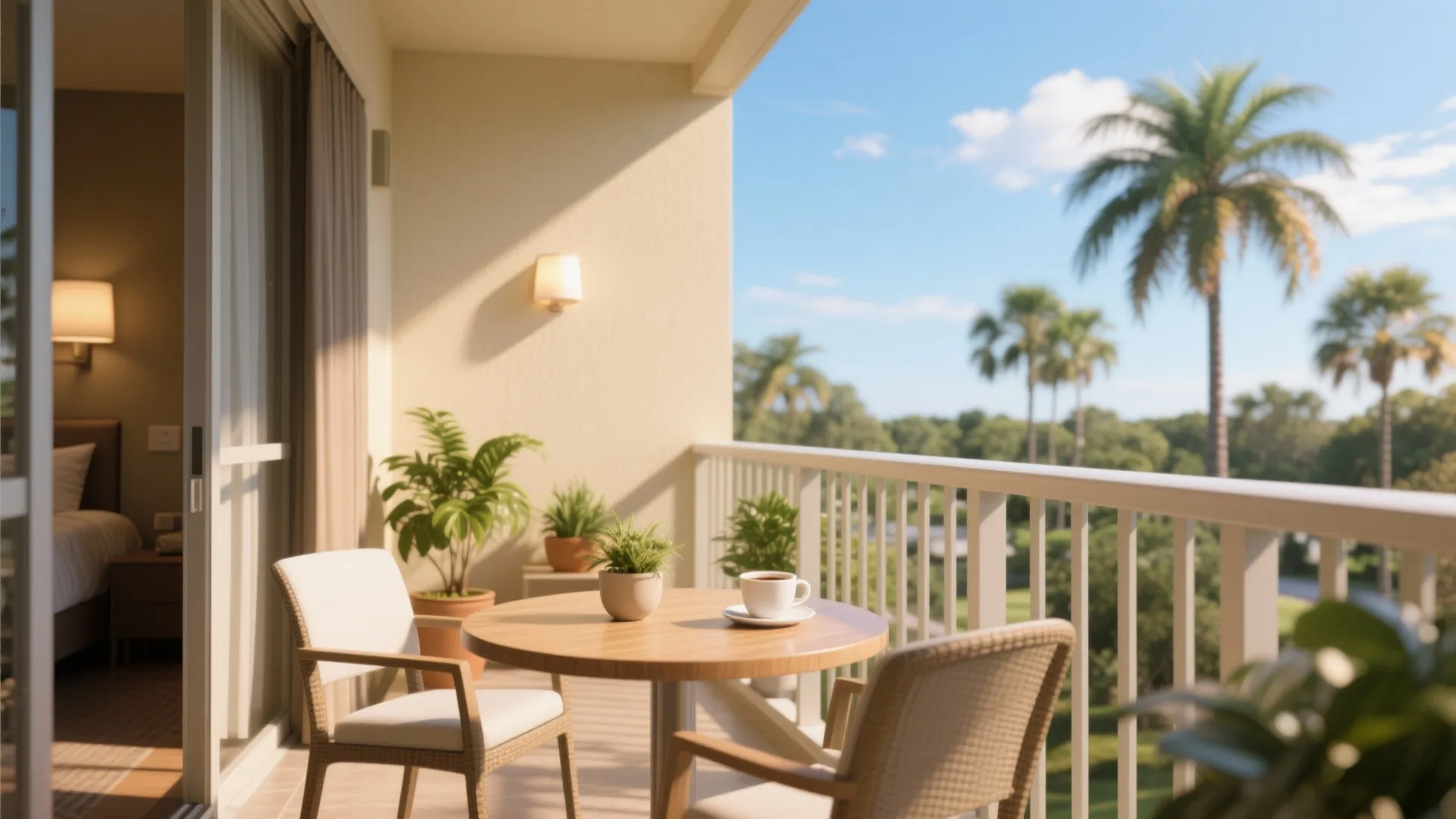 Small balcony with bistro table and plants extending the living space of a 2-bedroom suite.