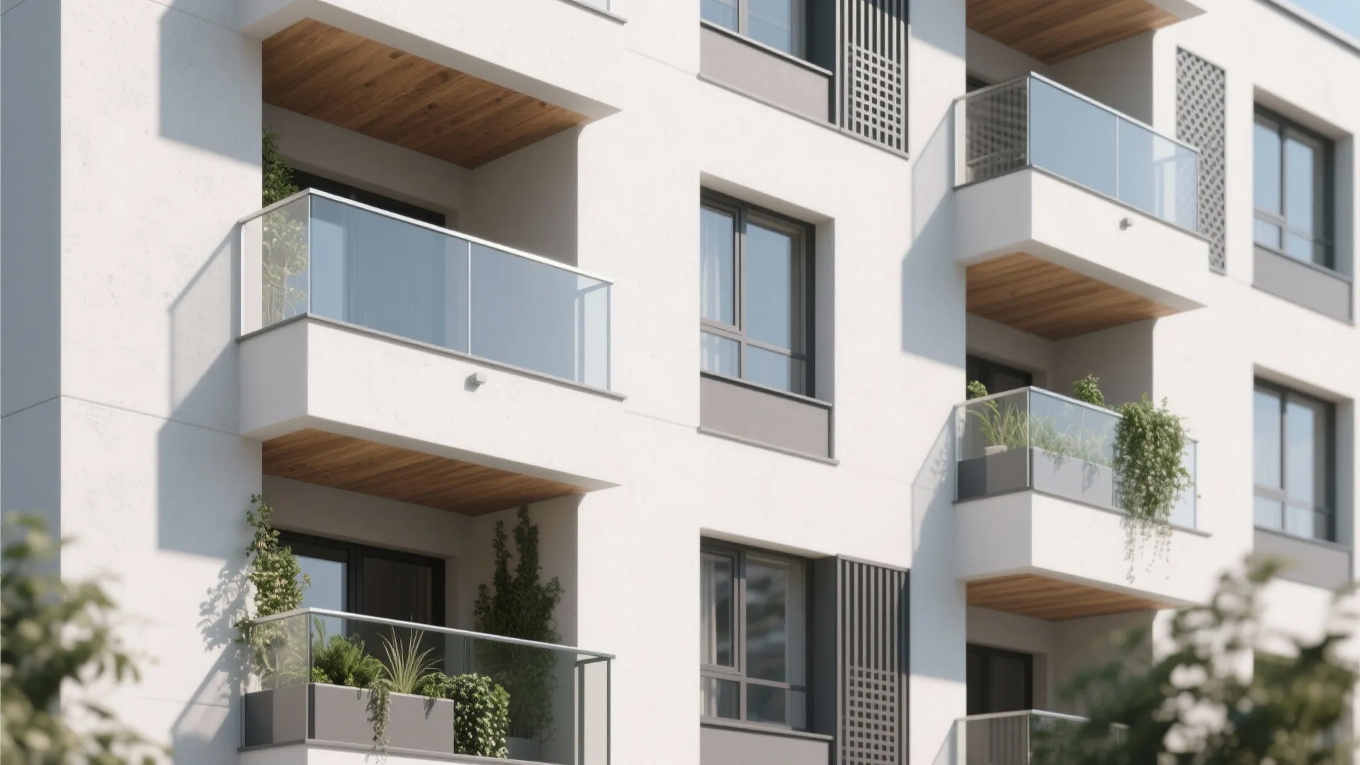 Modern white apartment building facade with glass balconies wooden ceilings green plants and large glass windows