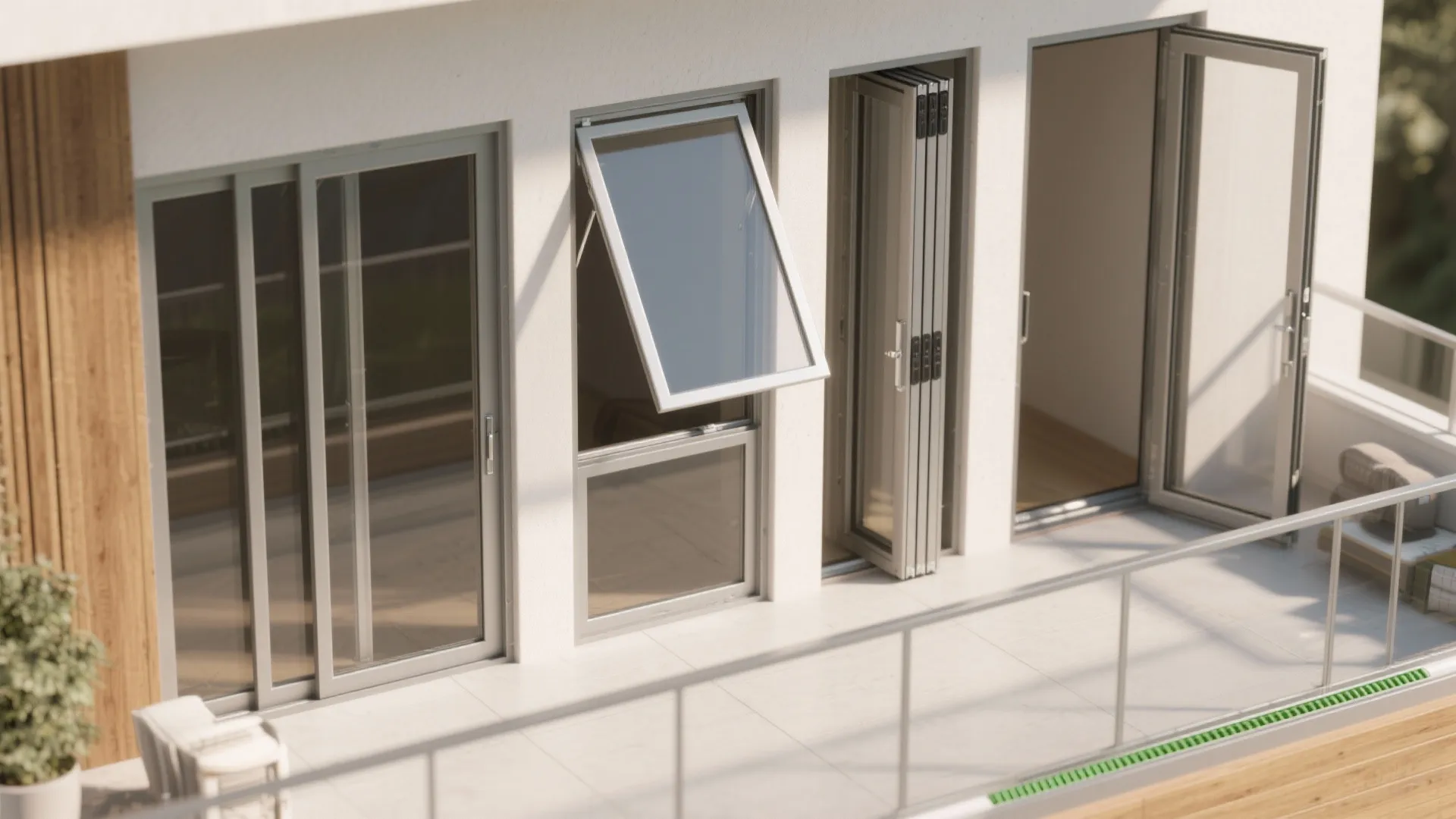 Modern balcony featuring various glass window types and folding doors on a white building wall