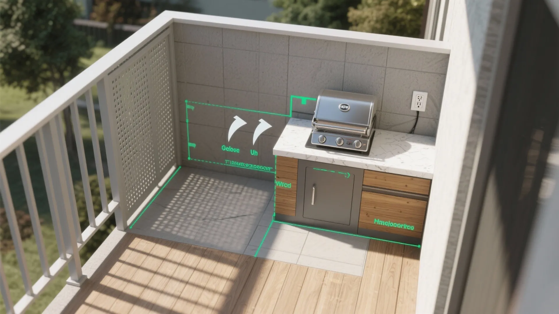 Balcony kitchen area with portable grill on marble countertop wooden cabinets and green measurement lines