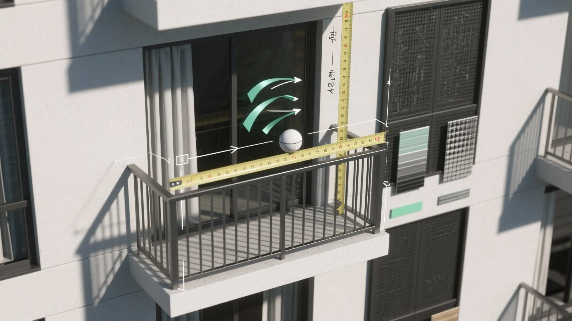 Top-down balcony mockup showing guard height reference, 4-inch sphere gauge, airflow cues, and material options without labels