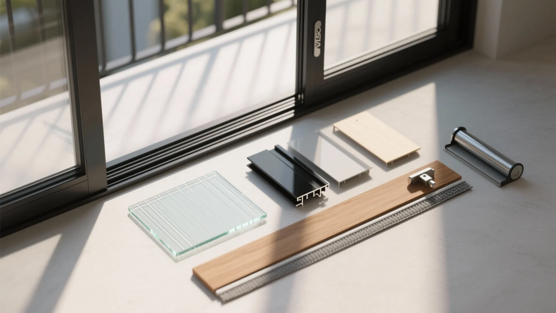 Various window frame materials glass samples and wood pieces laid out on a white surface