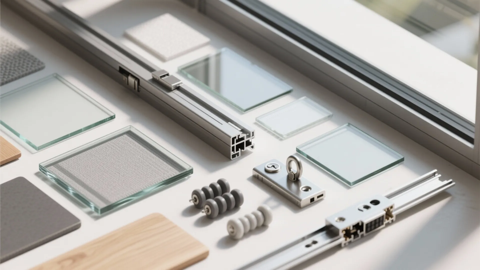 Collection of sliding door parts including glass panels metal tracks rollers and various small pieces