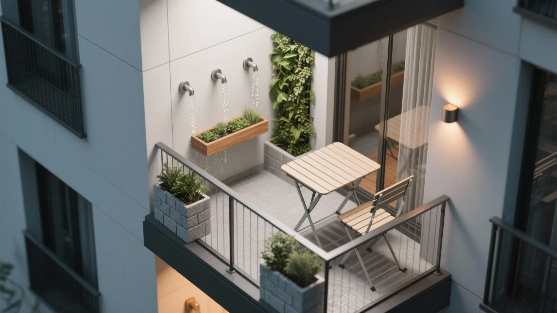 Small balcony with wooden table and chair featuring vertical garden and wall mounted water faucets