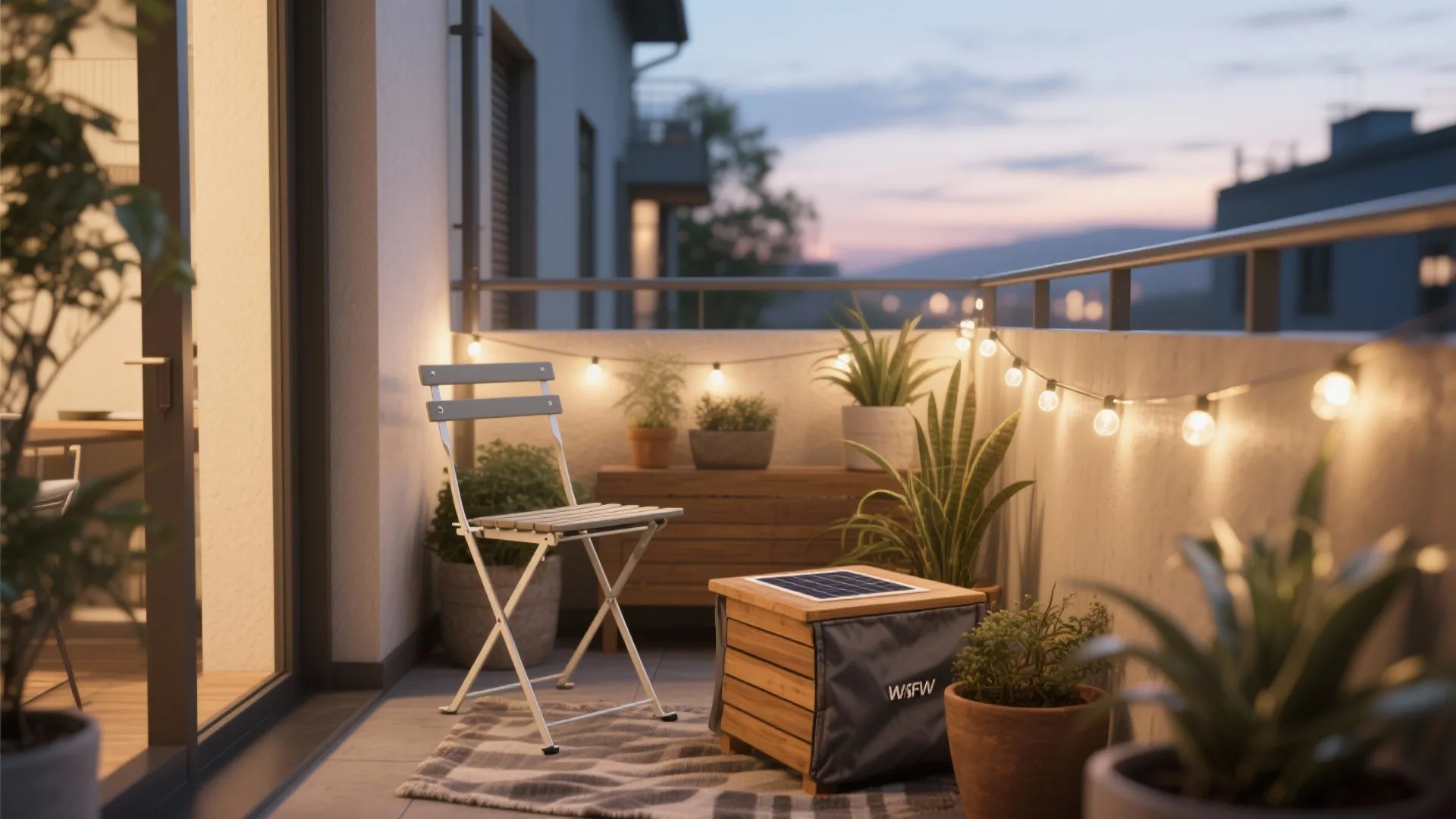 Small balcony at night with white folding chair wooden table string lights and green plants