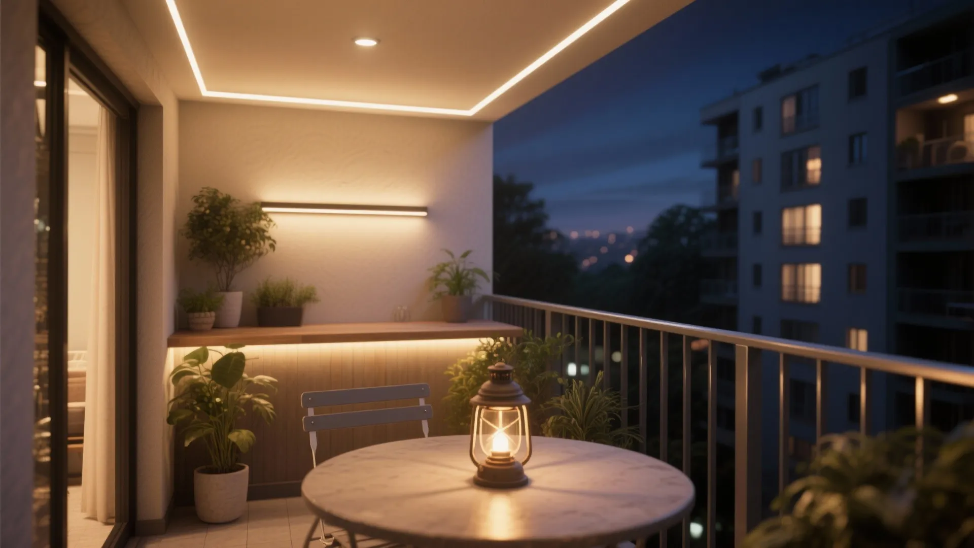 Cozy balcony at night with round table lantern potted plants warm lighting and city background