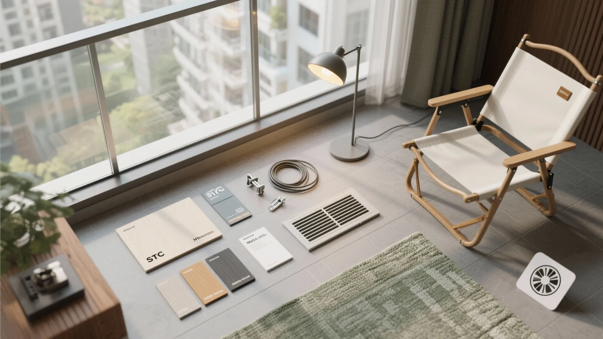 Balcony floor showing construction material samples and a white folding chair near a floor lamp fixture