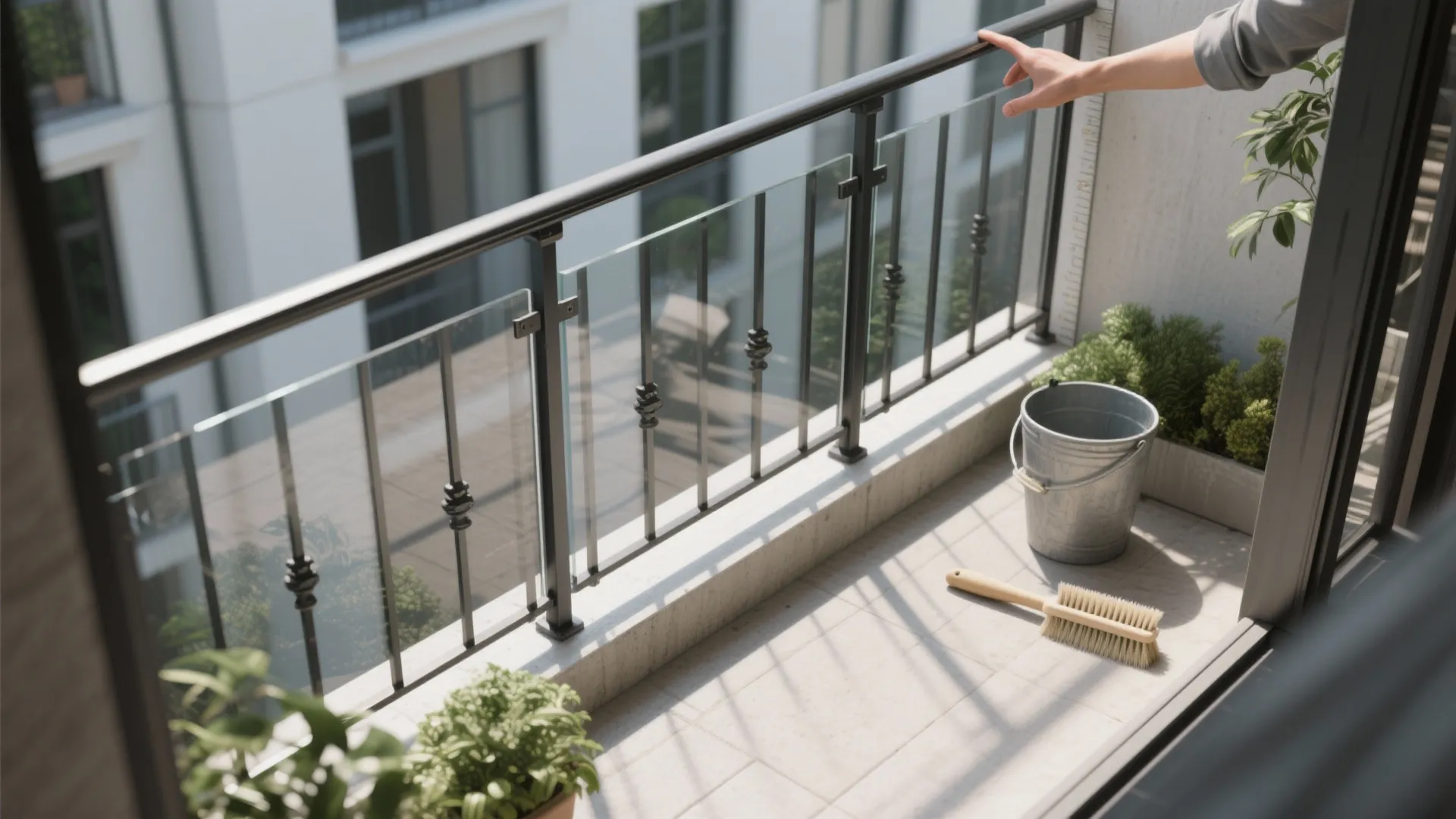 Top-down view of a balcony plan illustrating safe guard layout with balusters, glass panel, and maintenance tools.