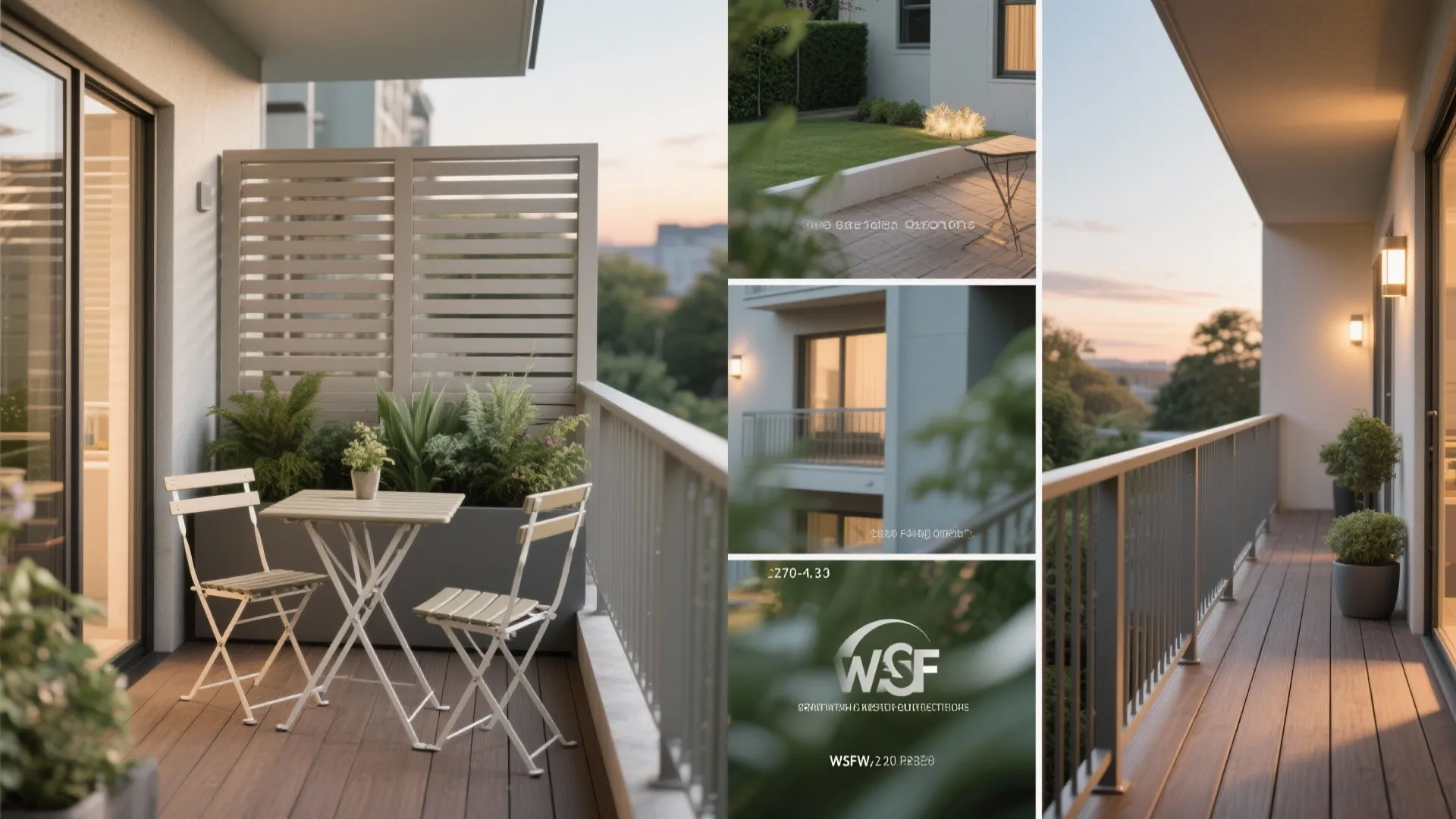 Collage showing various balcony designs with seating areas plants wall lights and wooden floor layouts
