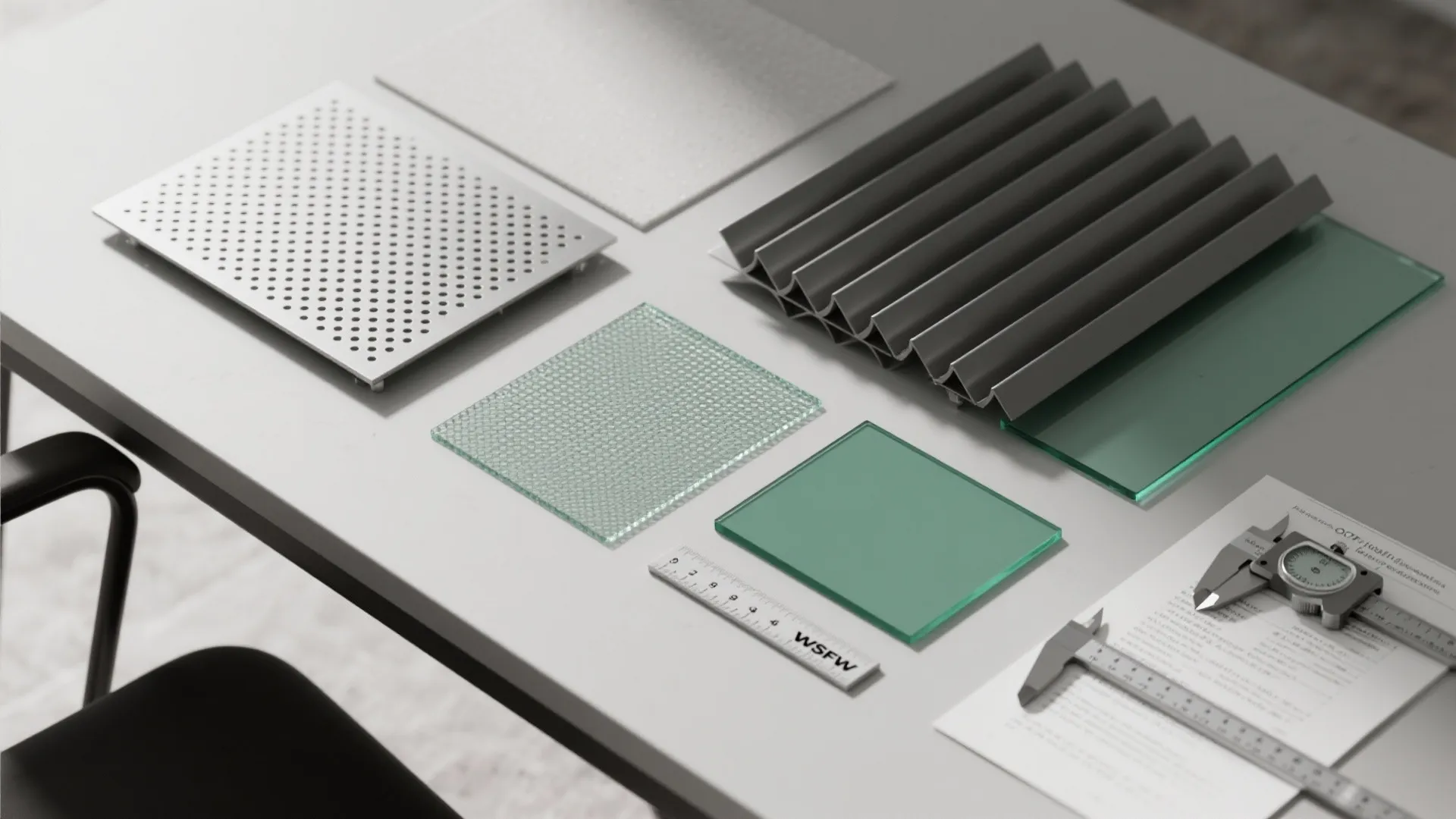 Selection of interior design materials including glass and metal panels on a white office desk