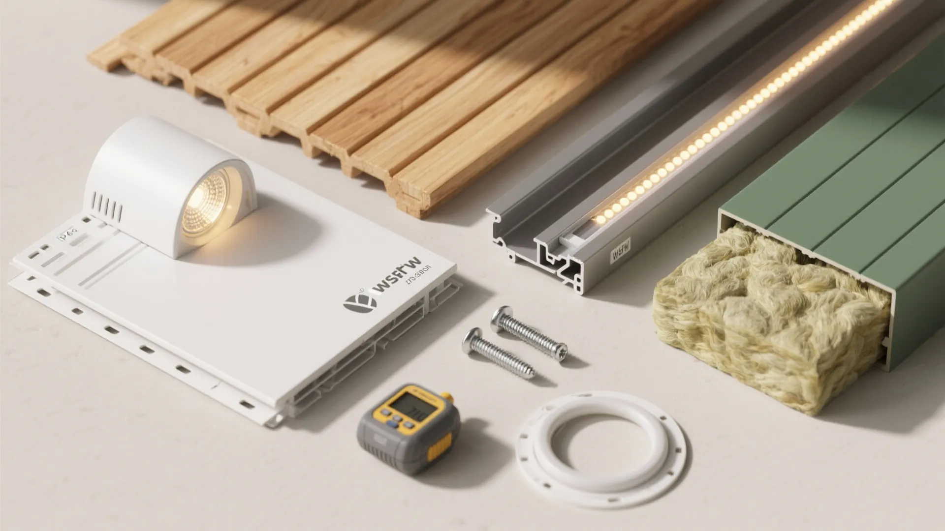Various building materials including wall light and metal light fixture with screws and insulation foam