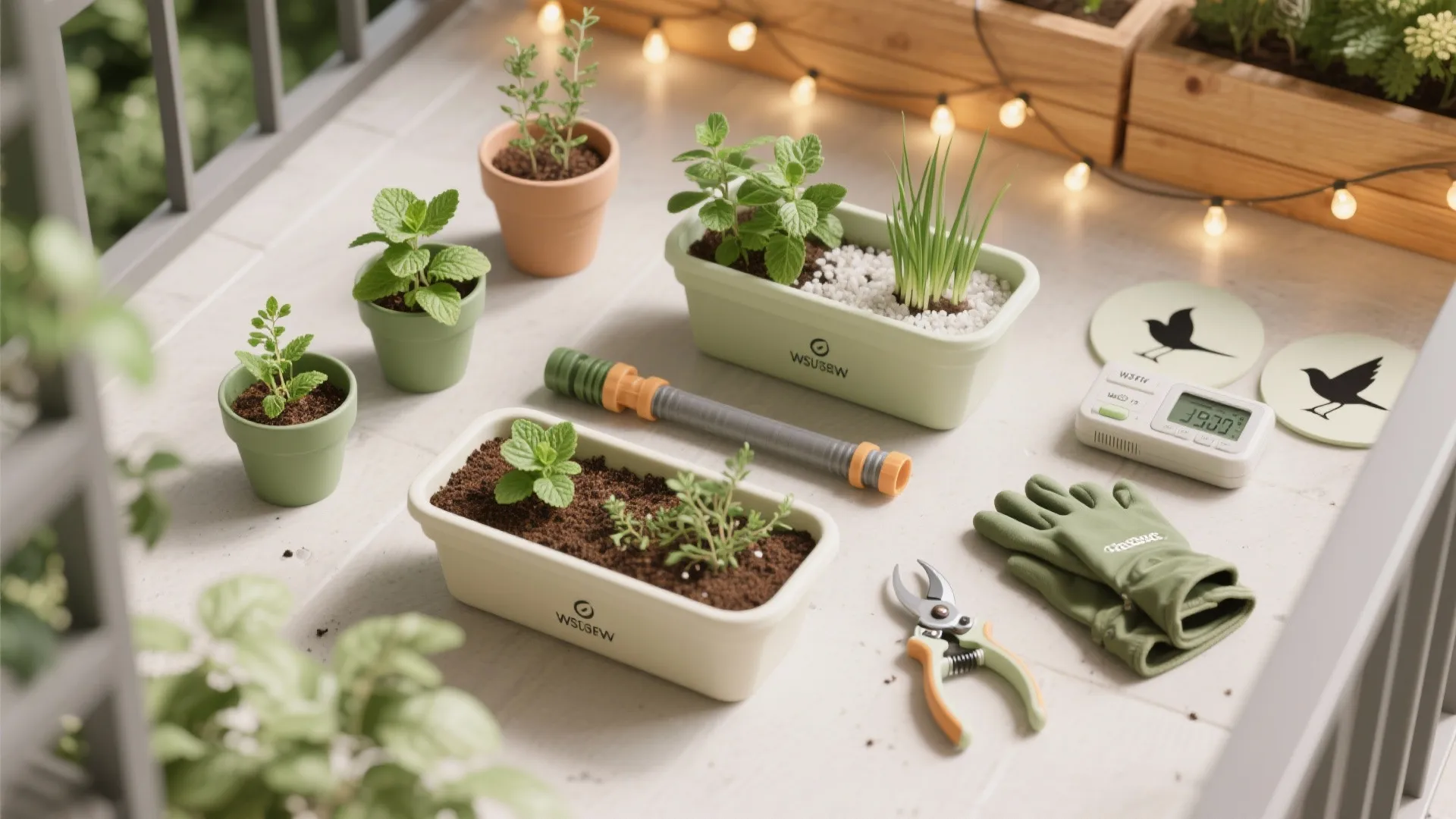 Top-down flatlay of compact balcony garden tools, lightweight mix, herbs, and a drip irrigation kit.