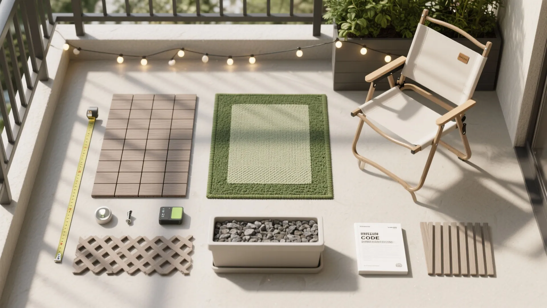Flat lay of balcony renovation materials including wooden floor tiles green rug chair and measuring tape