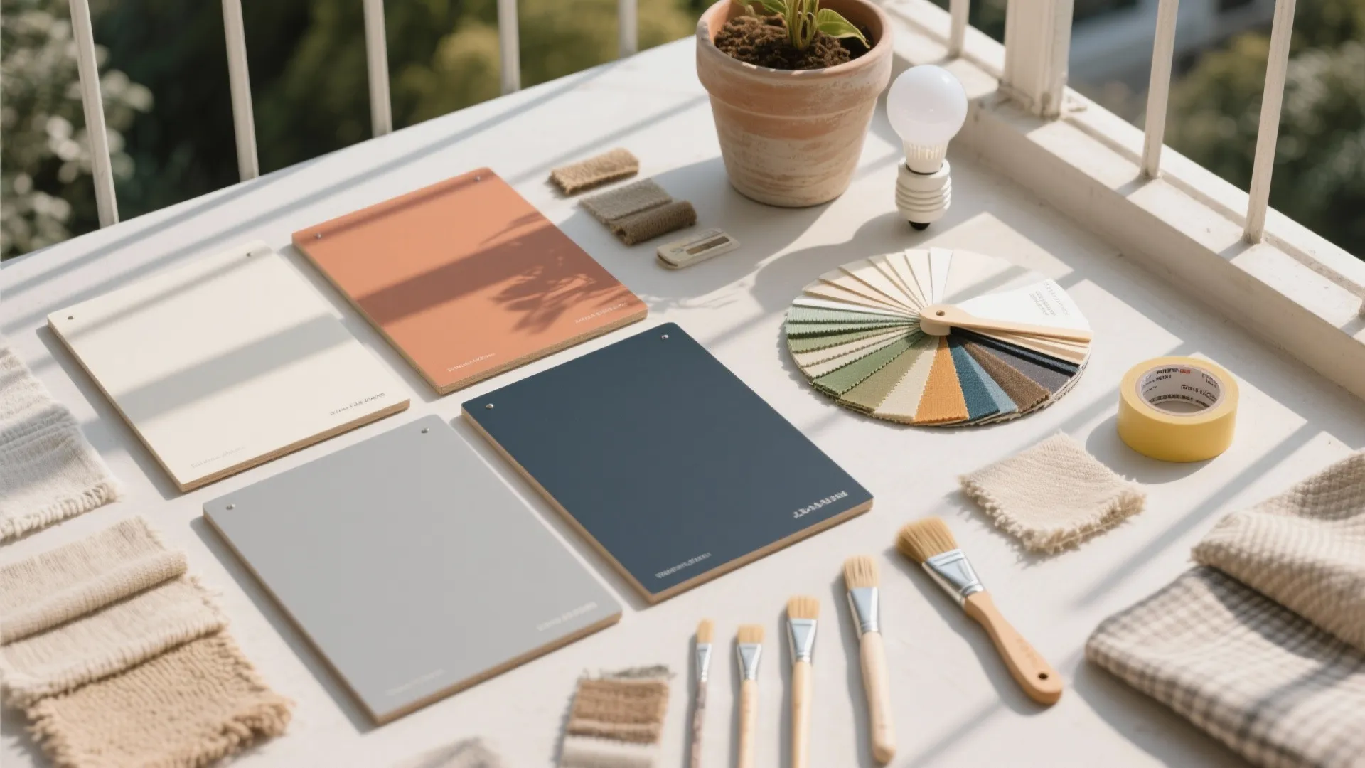 Color swatches and paint samples with fabric pieces and brushes laid on a white balcony