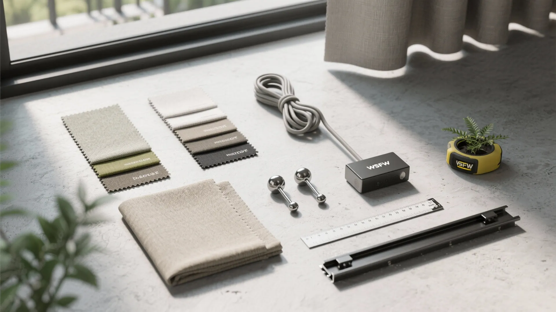 Flat lay of balcony curtain essentials: outdoor fabric swatches, blackout lining, weights, magnets, cordless tie-back, and track sample.