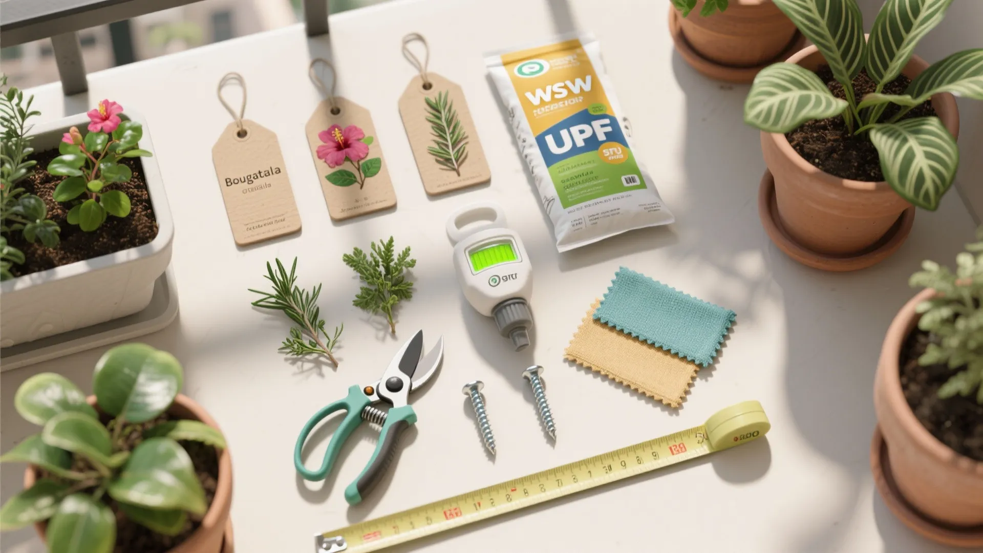 Flat lay of plant tags, self-watering indicator, tools, UPF fabric swatch, and hardware for balcony gardens.