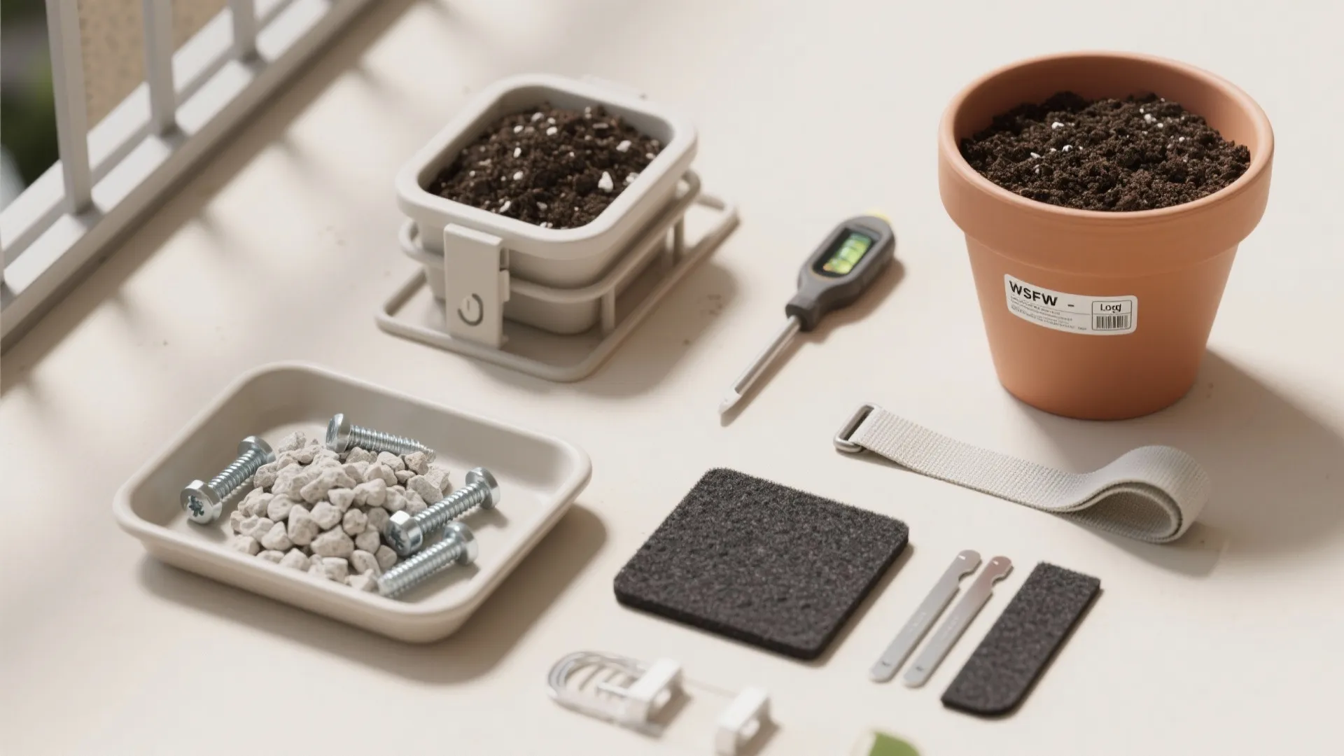 Flat lay of balcony rack essentials: lightweight mix, fasteners, pots, level, straps, and liners.