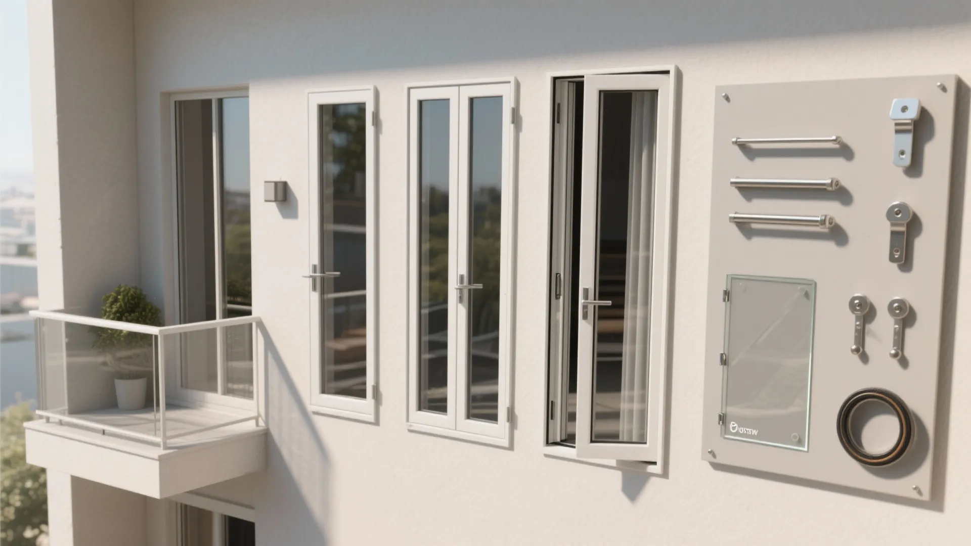 Modern white window display showing different opening styles with metal hardware parts on a wall
