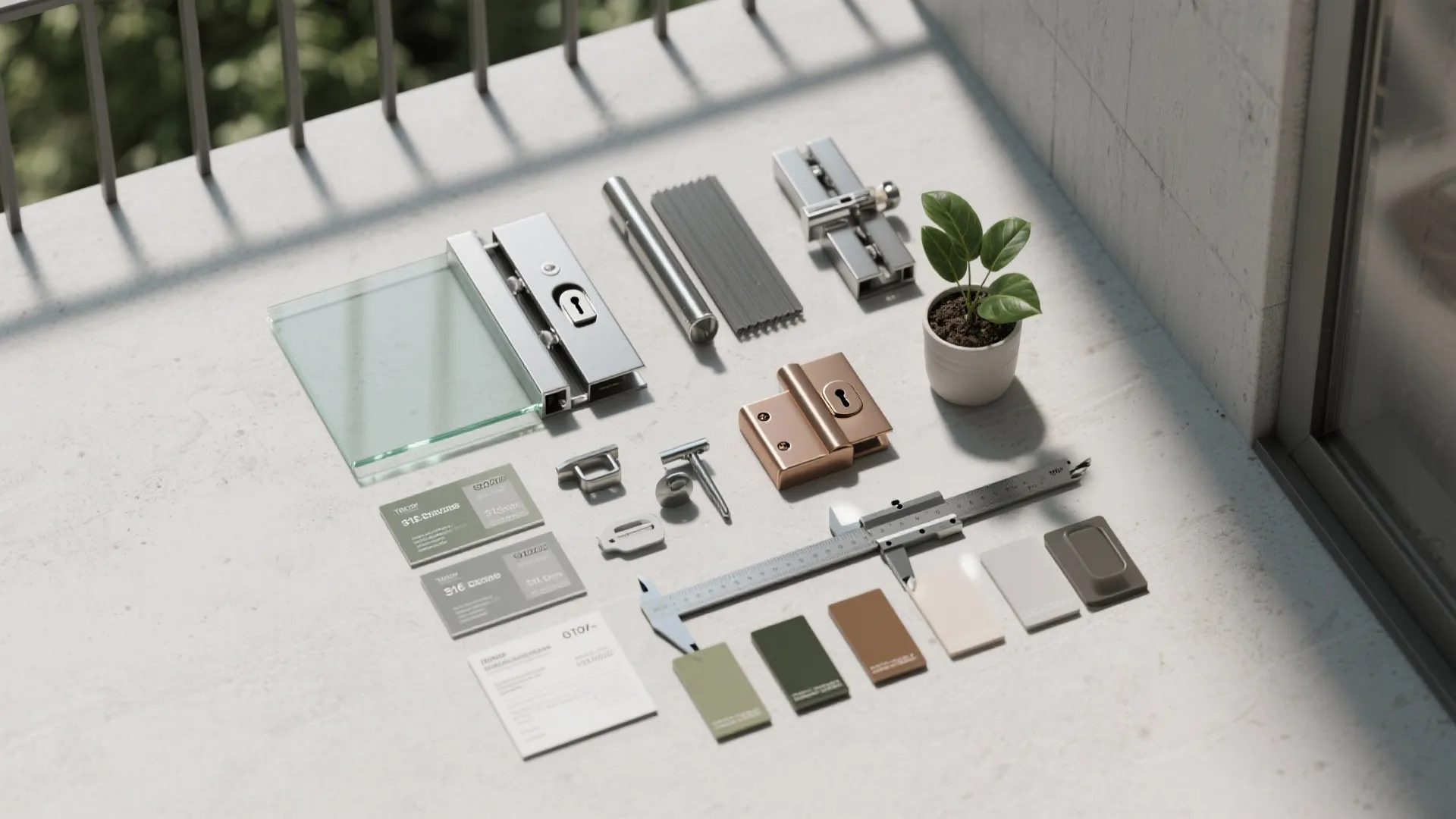 Glass door hardware kit with metal hinges handles color samples and measuring tool on stone floor