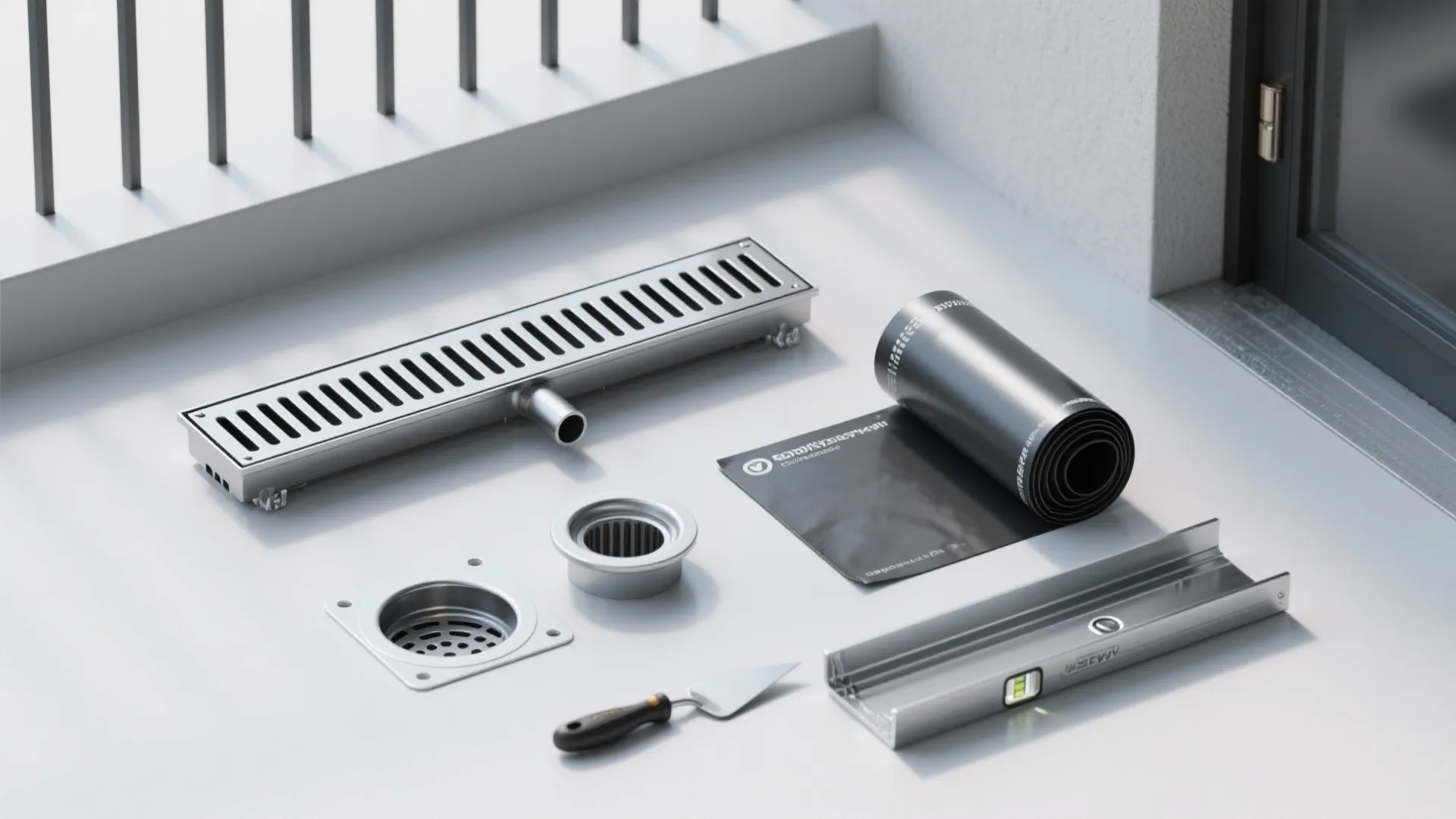Various metal floor drain tools and installation materials laid out on a clean white balcony floor