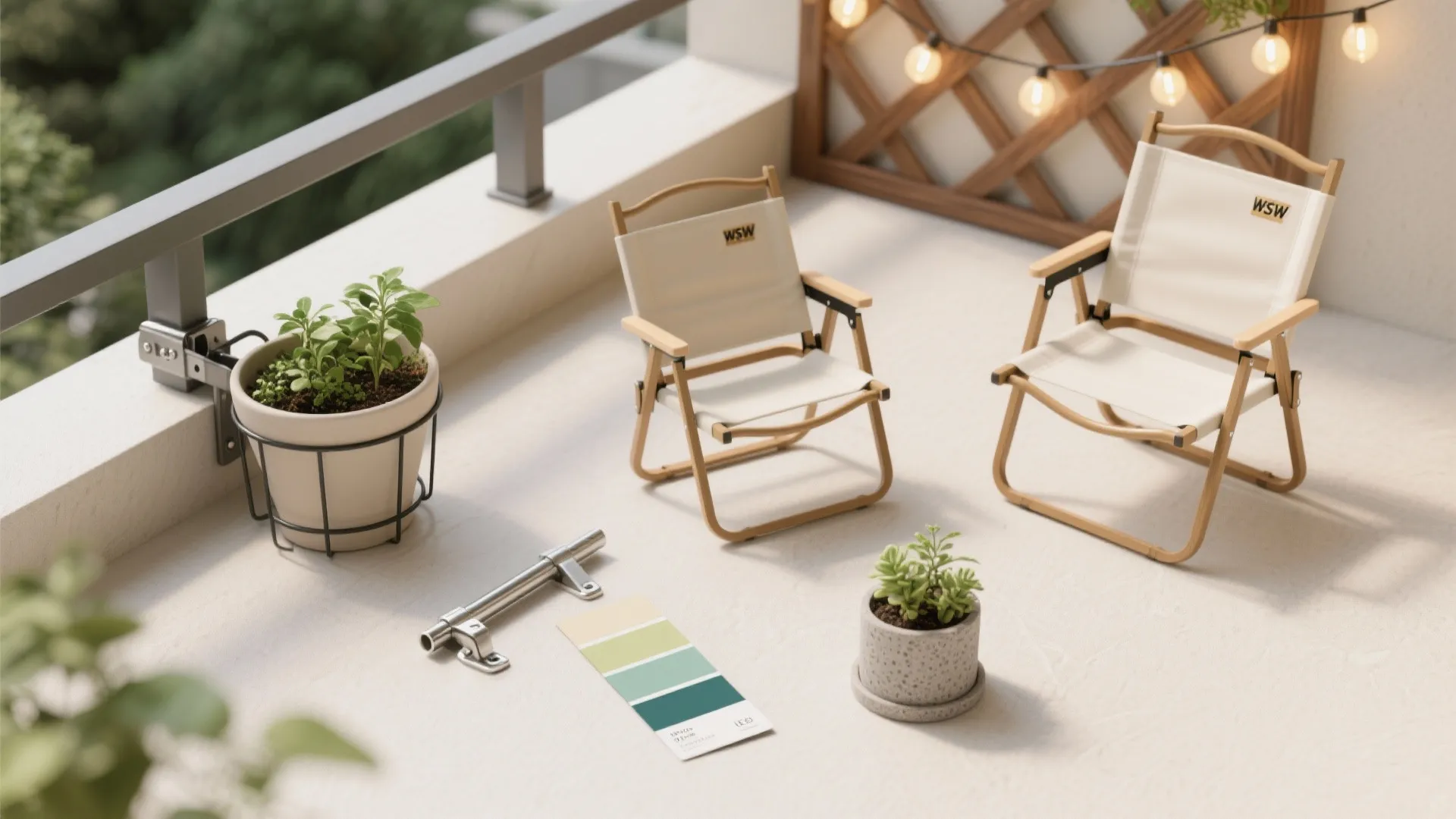 Flat lay of clamp rail pot, folding chair, trellis, warm LED string lights, stainless hardware, and color swatches.