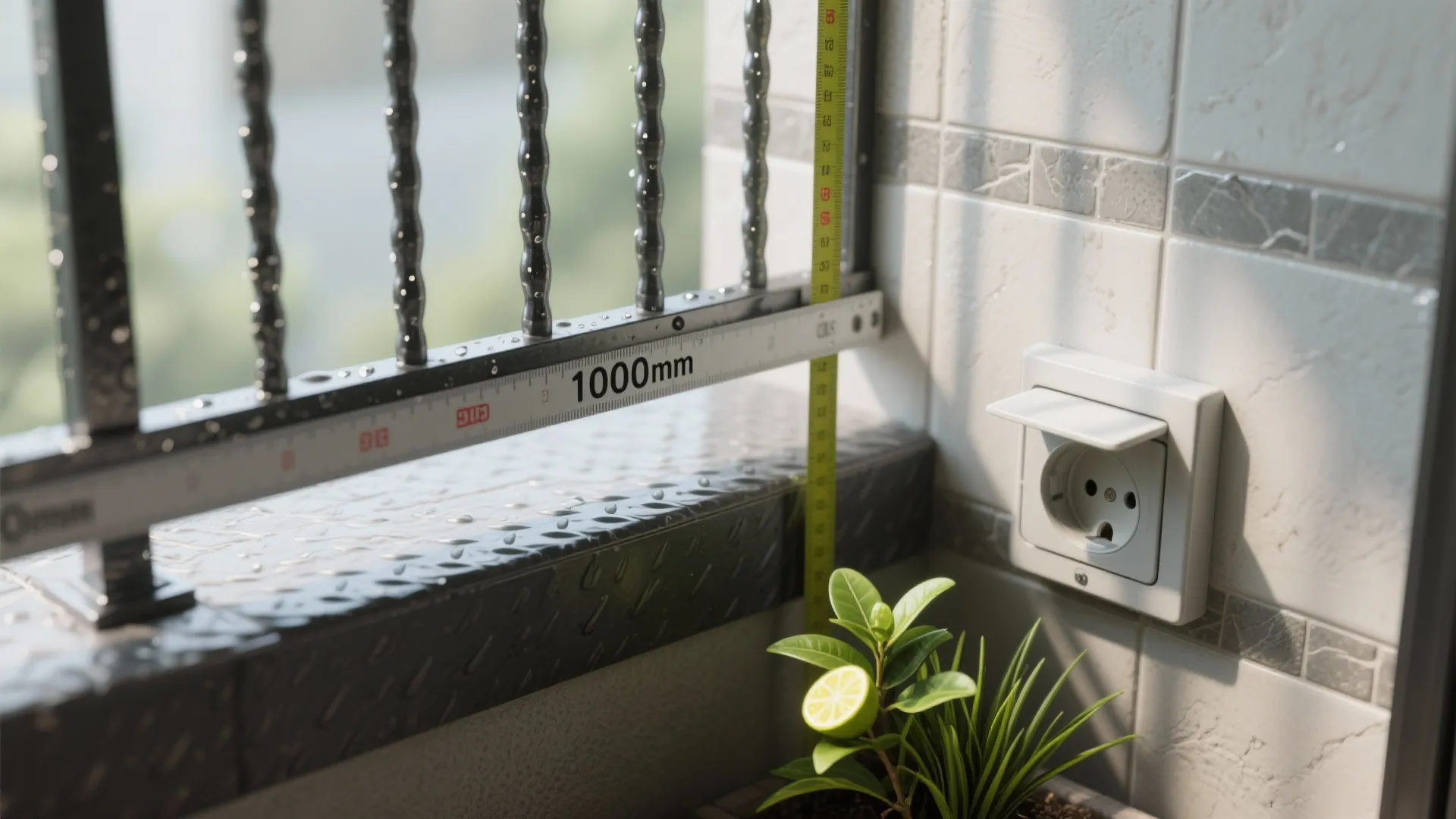 Close up of balcony railing with measuring tape near a white wall socket and small plant