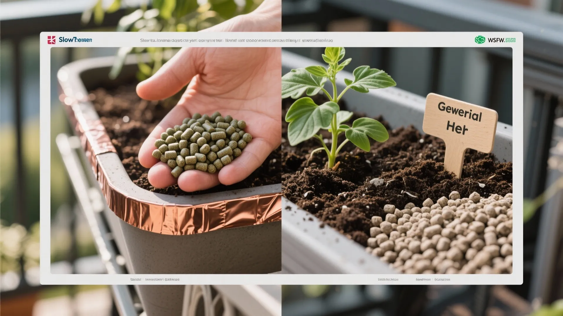 A hand holding fertilizer pellets next to a small green plant in a grey pot