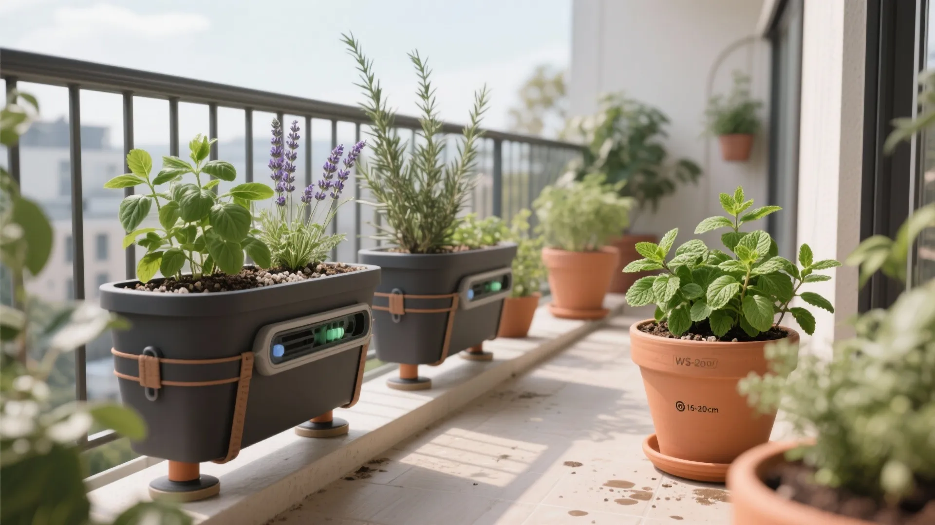 Balcony scene showing herb pot depths, self-watering inserts, wind-hardy plants, safe rail planters, perlite mix, and pot feet.