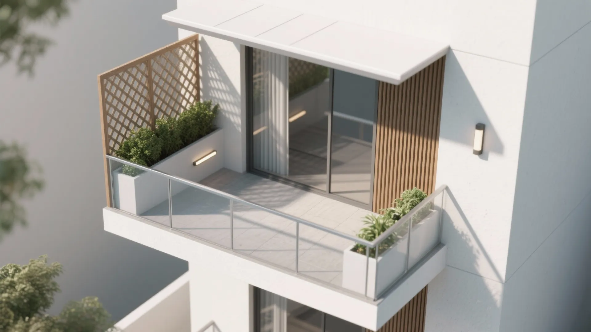 Modern white apartment balcony featuring glass railings wooden wall panels and small green potted plants