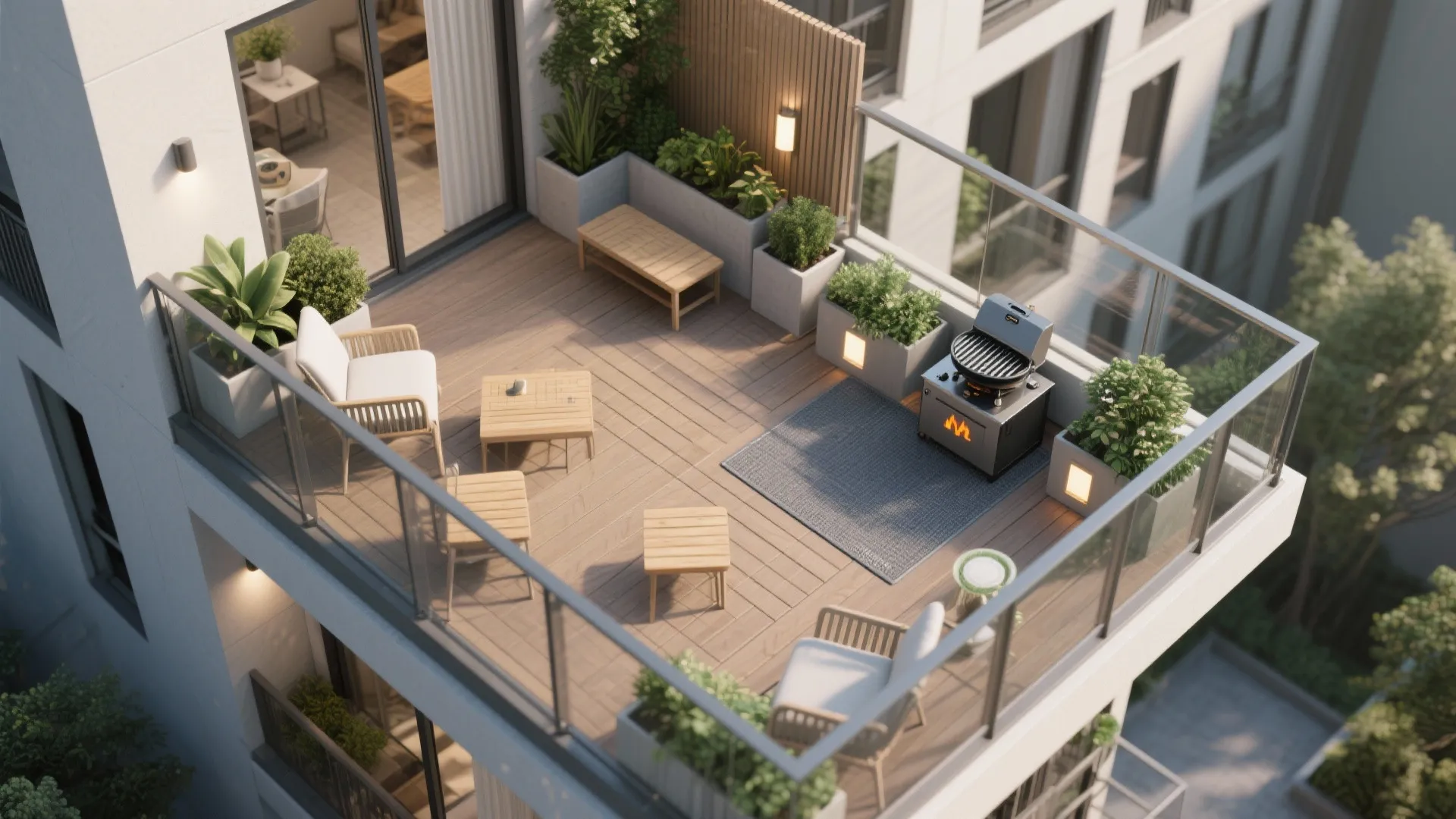 High angle view of a large balcony with wooden floor and chairs and grill station