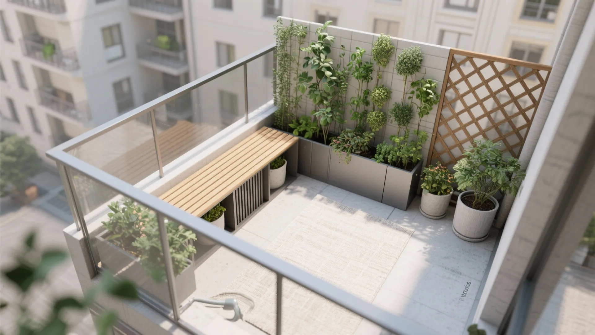 Modern balcony with wooden bench grey planters green plants glass railing small rug and view