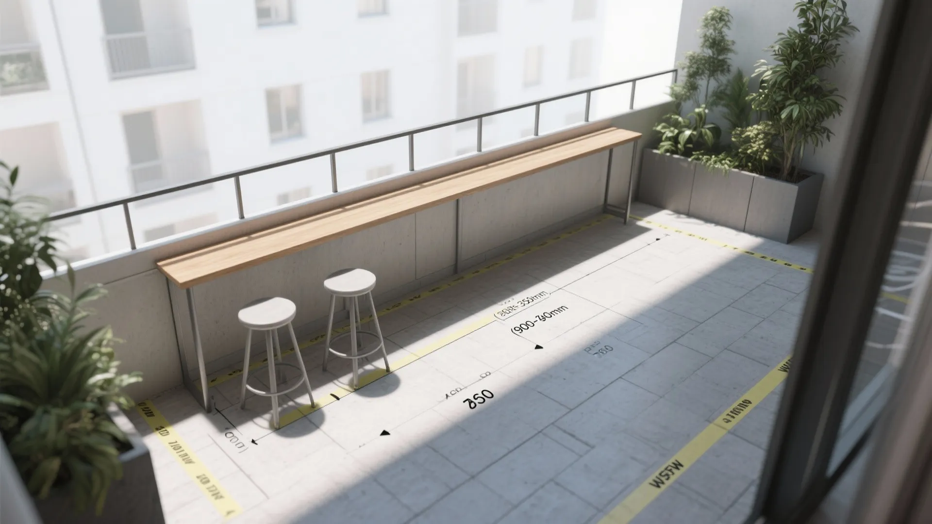 Top-down balcony plan with a slim counter, stools, and taped clearance zones for circulation.