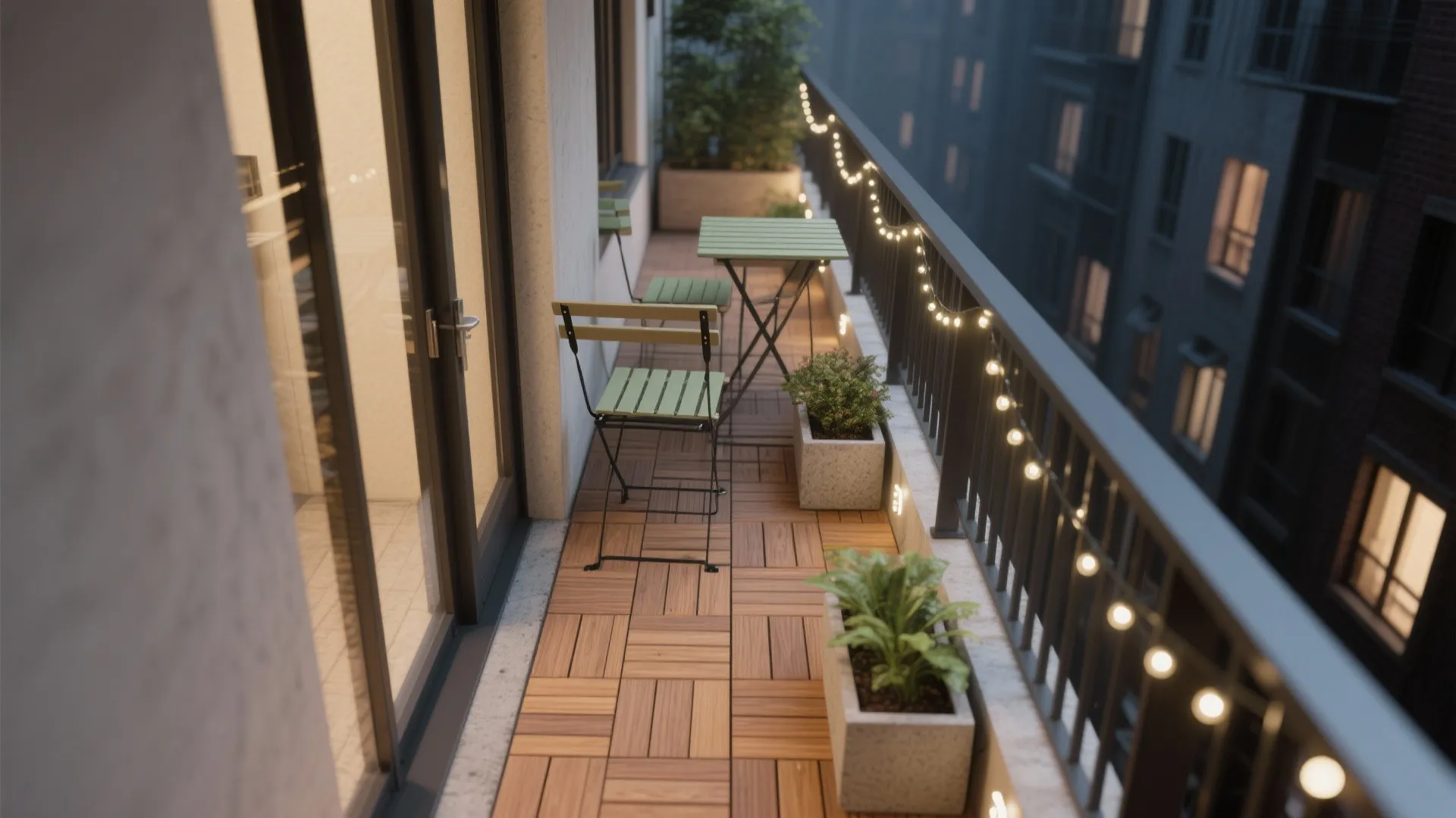 Top-down diagram of narrow balcony with clear path, slim chairs, planters, and lights.