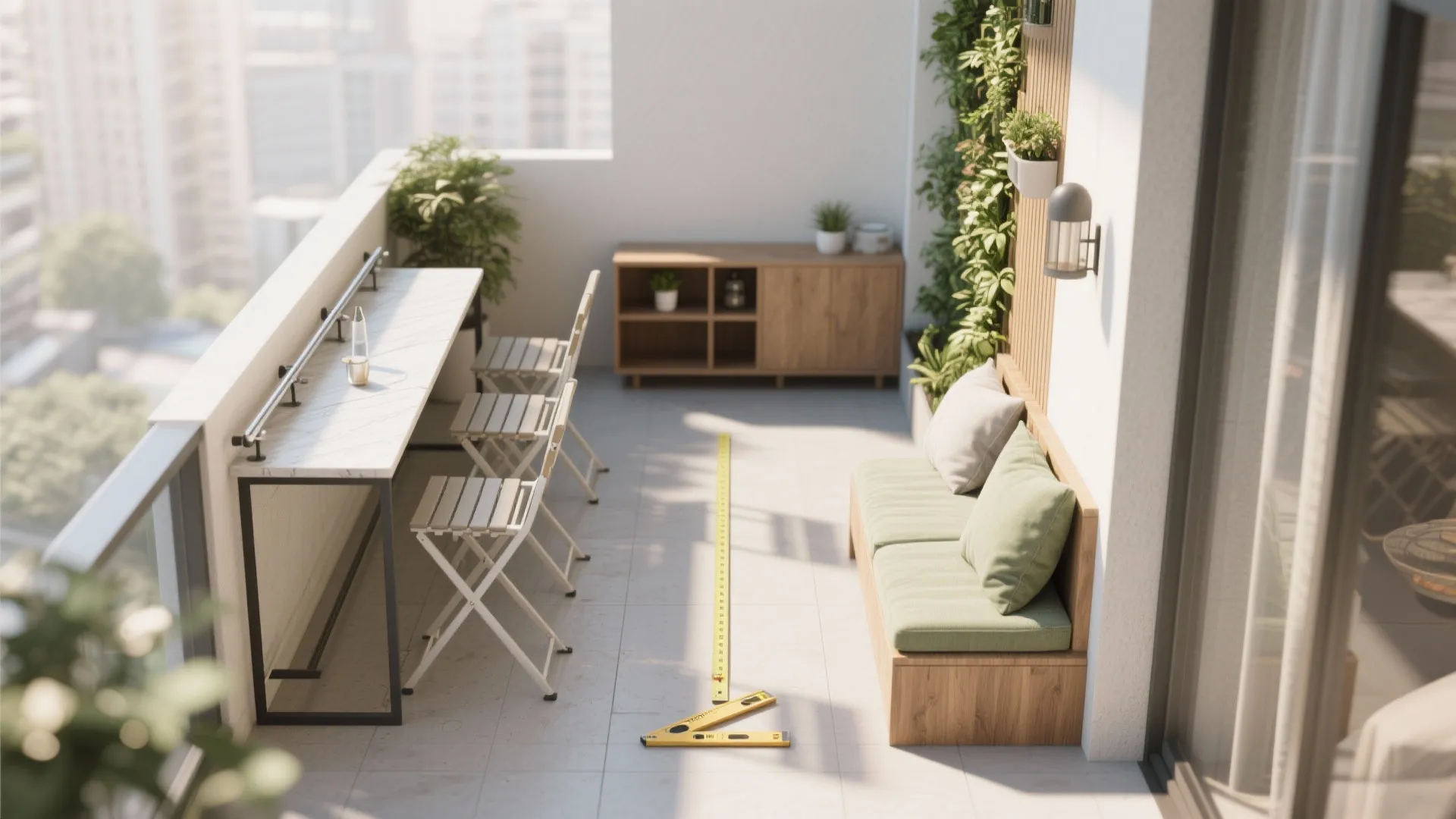 Top-down visualization of a small balcony layout with seating, rail bar table, storage bench, and planter wall