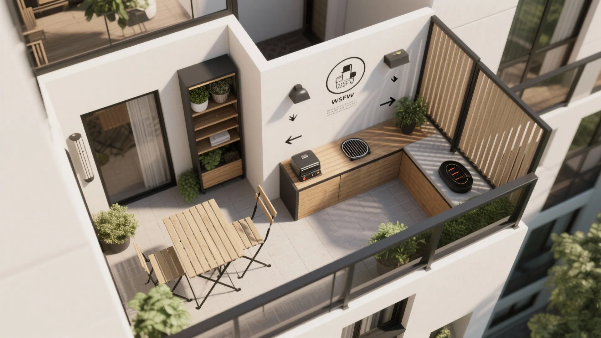Interior design drawing of balcony kitchen with wooden cabinet dining table chairs and small green plants