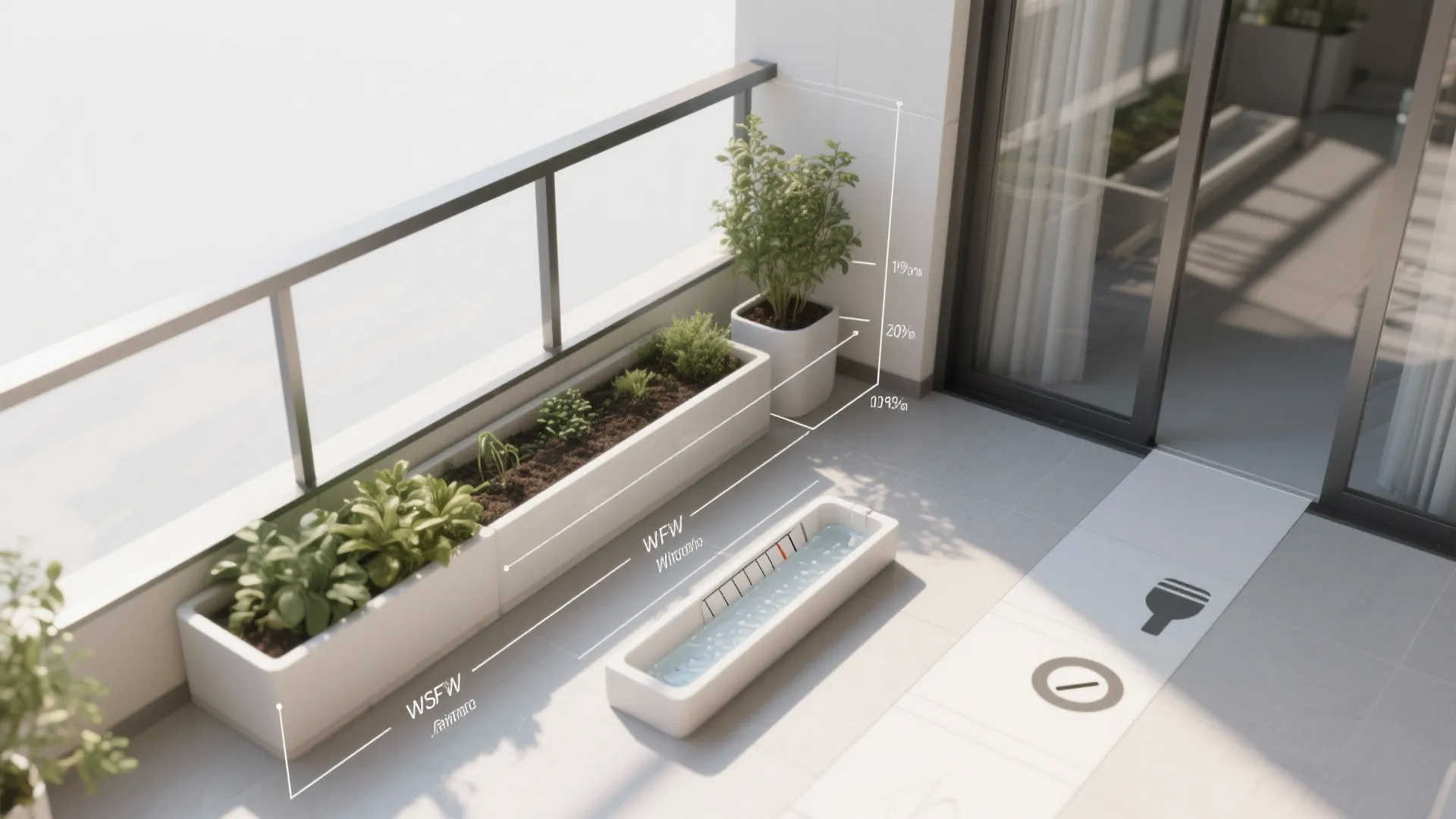 Top-down balcony planning view with rail planters, a self-watering trough, and a clear walkway.