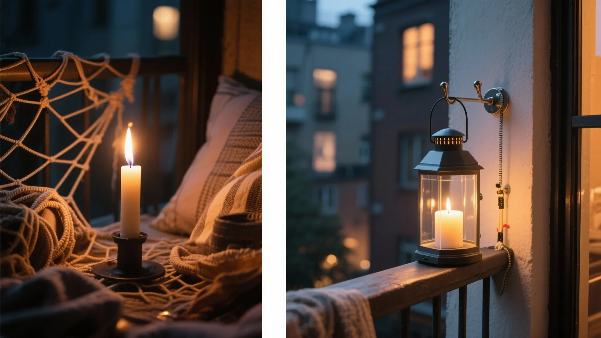 Before-and-after balcony safety: open flame near webbing versus enclosed LED lantern with safe spacing on a small apartment balcony.