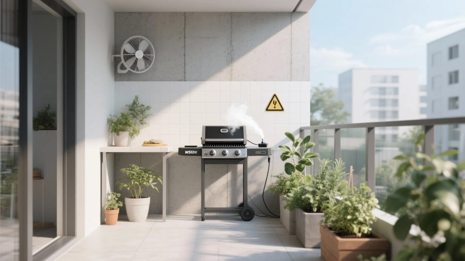 Electric grill on balcony with safe clearances, fire-resistant surfaces, and herbs set back.