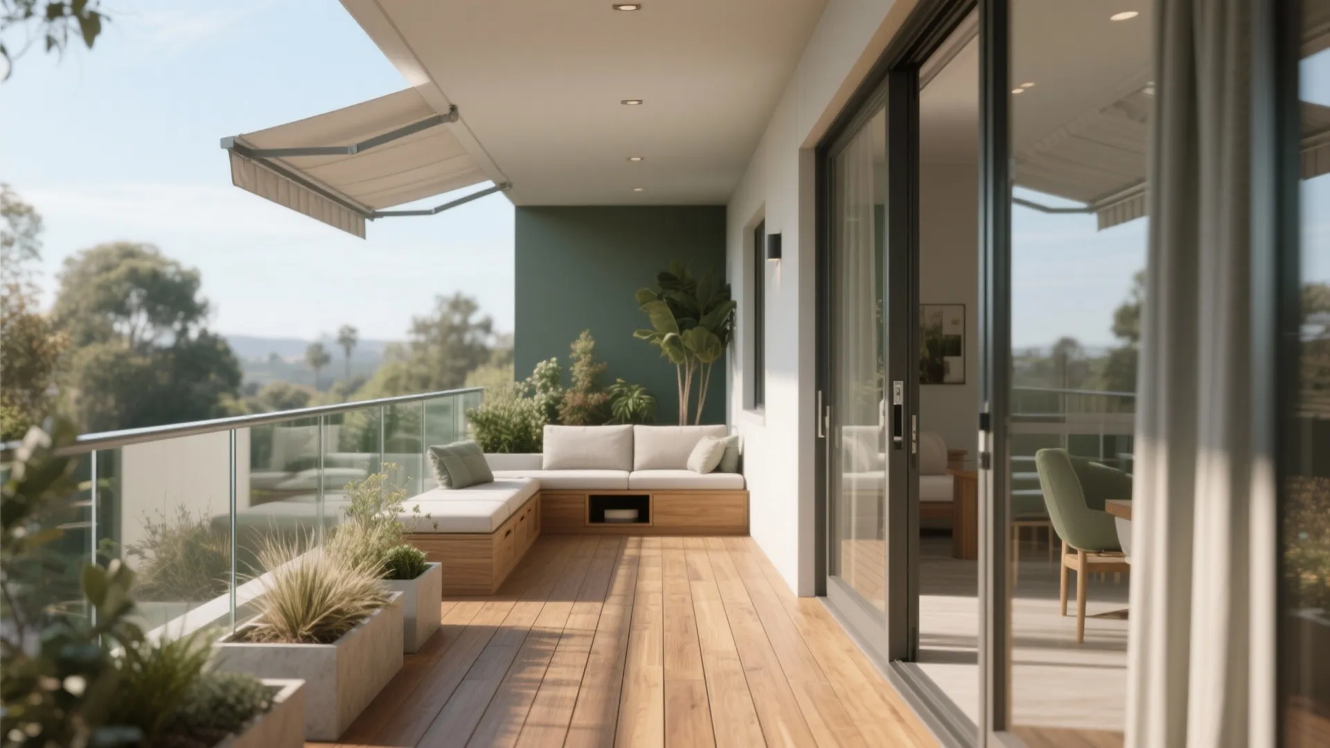 Modern balcony with wooden floor white sofa green plants glass railing and retractable awning cover design