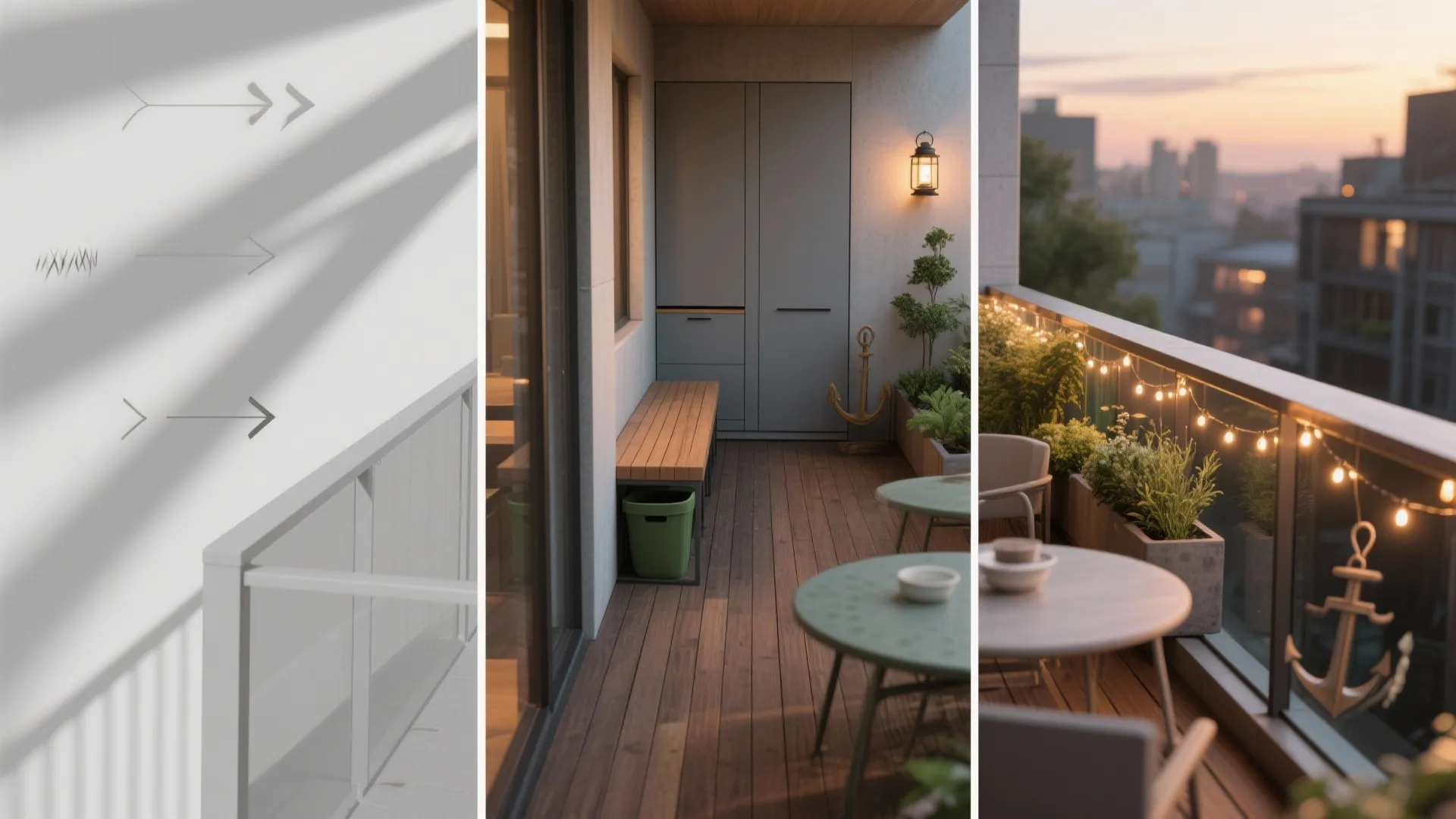 Three images showing balcony design steps from empty space to furniture and final cozy lighting