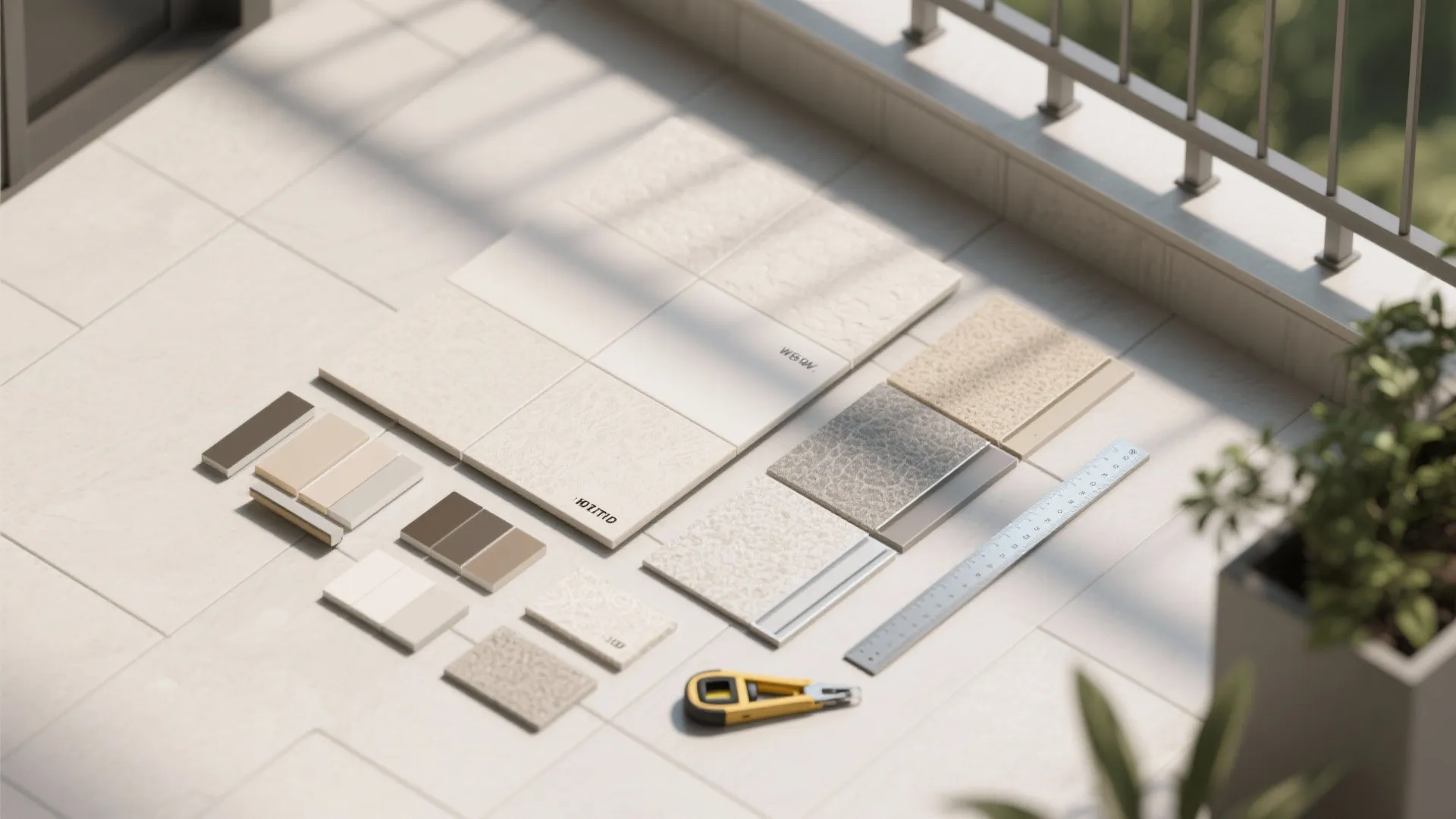 Various floor tile samples neatly arranged on a balcony with measuring ruler and yellow cutter tool