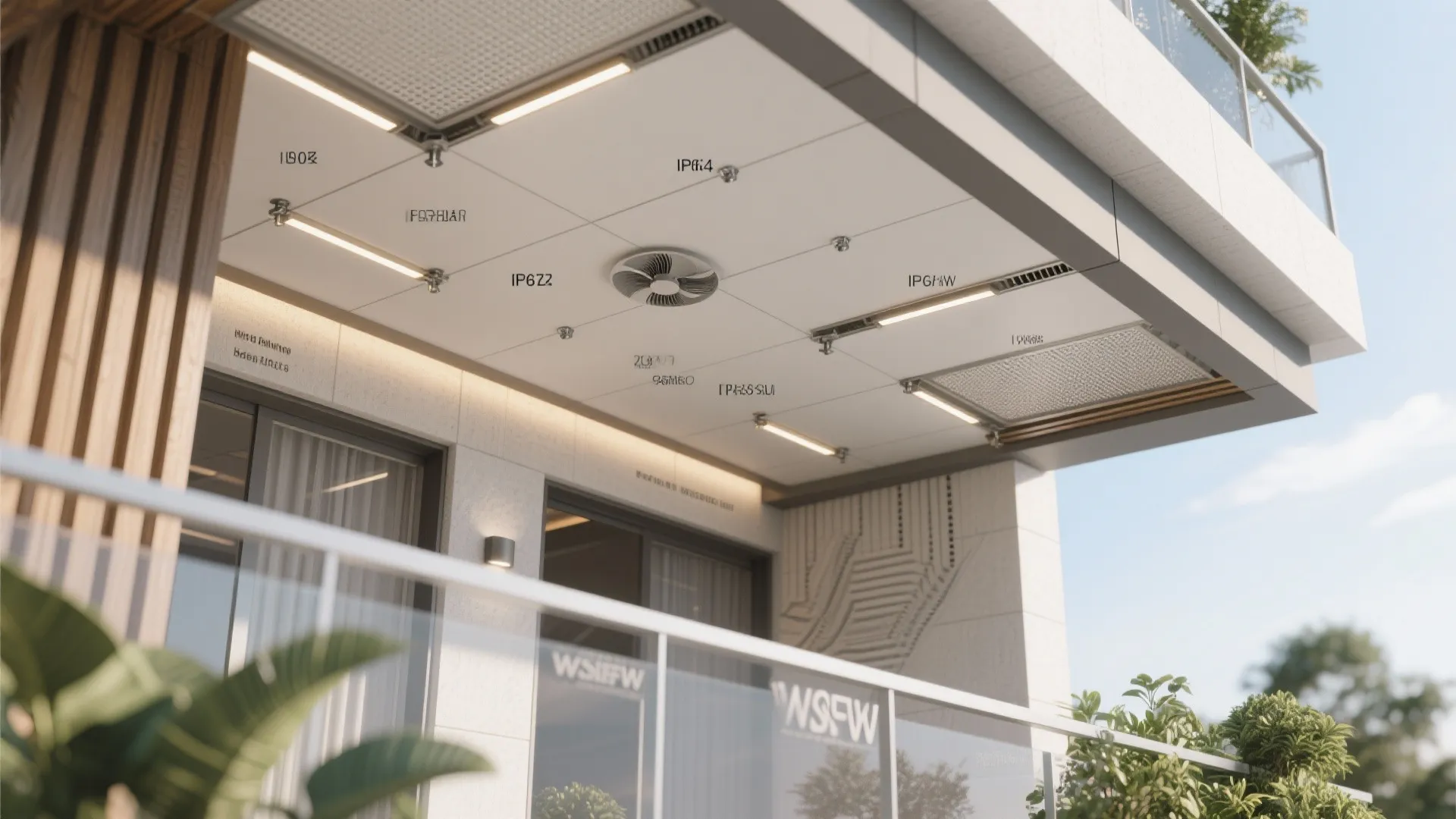 Modern balcony ceiling featuring white panels, light strips, a small fan, and clear glass railing