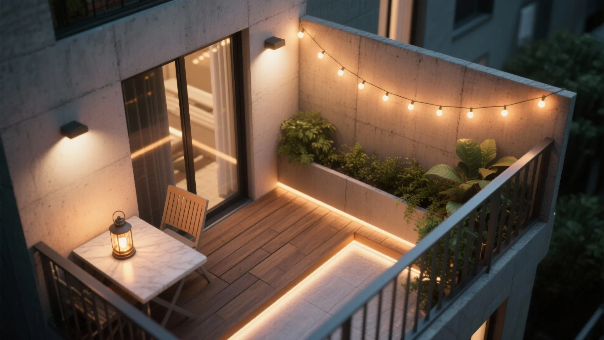 Bird eye view of a small balcony with wooden deck chair table and warm lighting