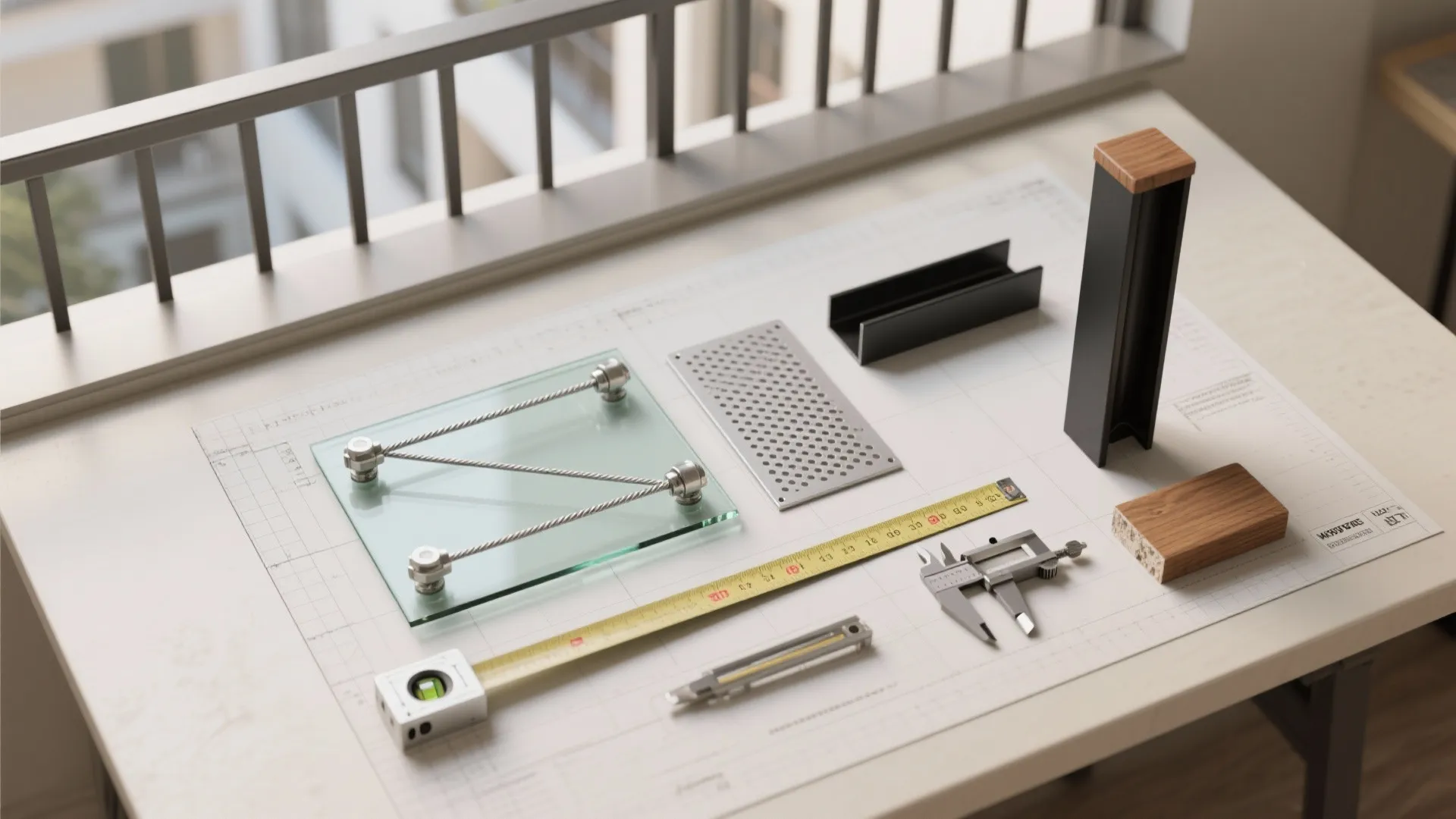 Top-down flat lay of railing material samples and tools for modern balcony planning.