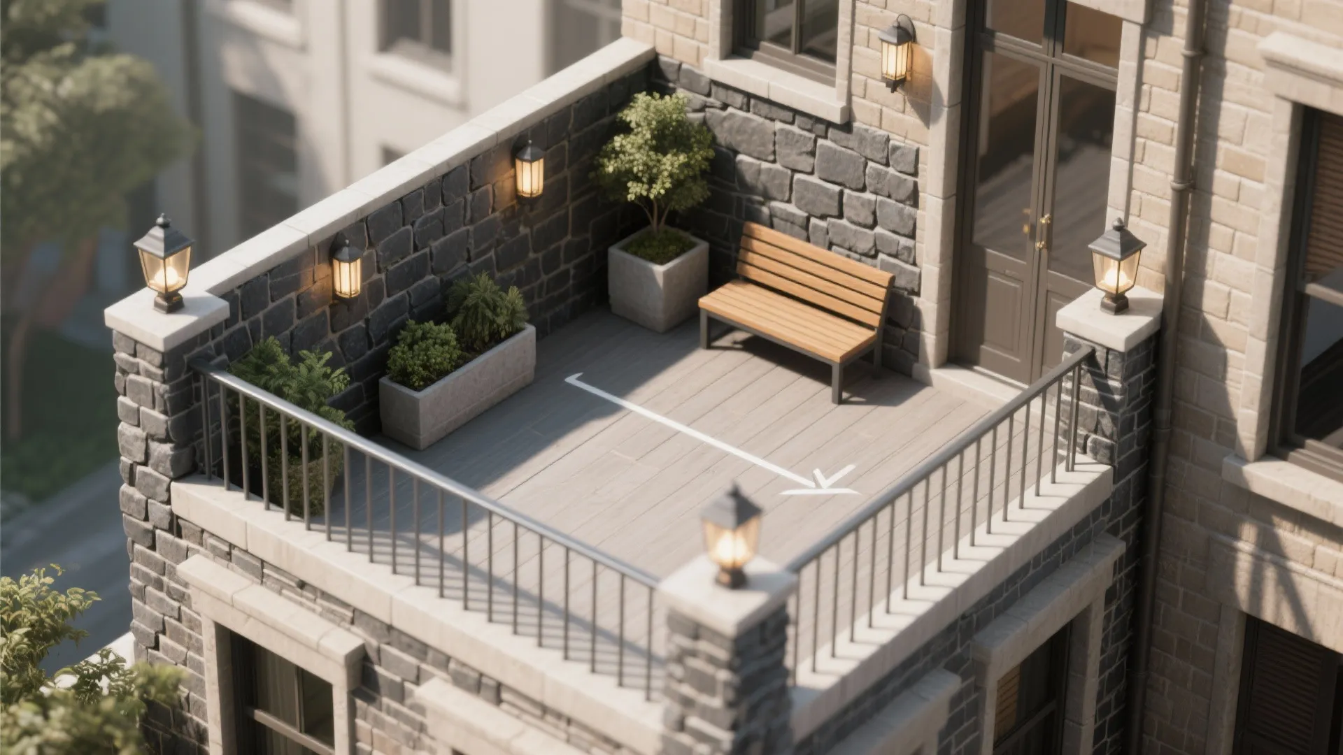 Rooftop balcony design featuring stone walls, wooden bench, potted plants, wall lights, and layout arrow
